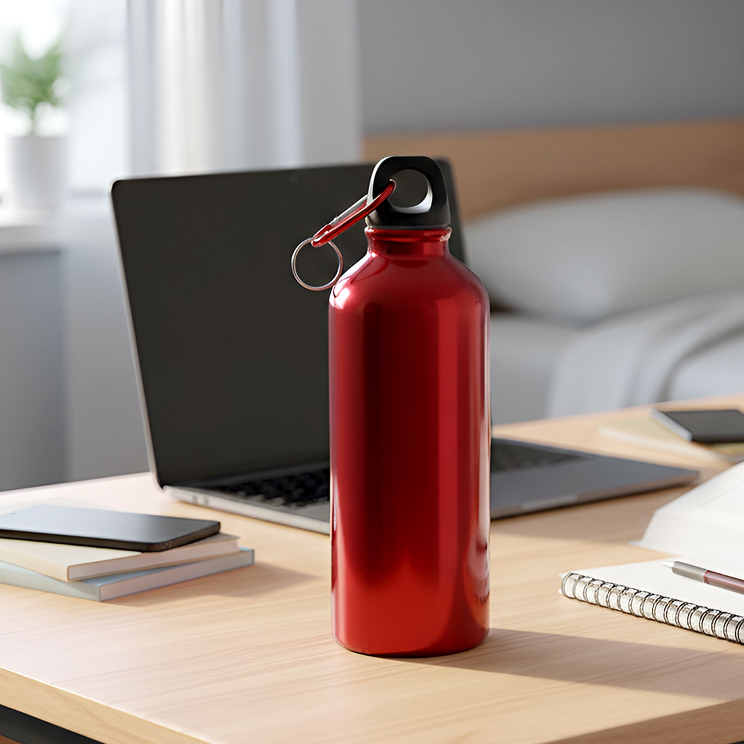 Compact reusable water bottle with screw cap and carry ring for travel and office use