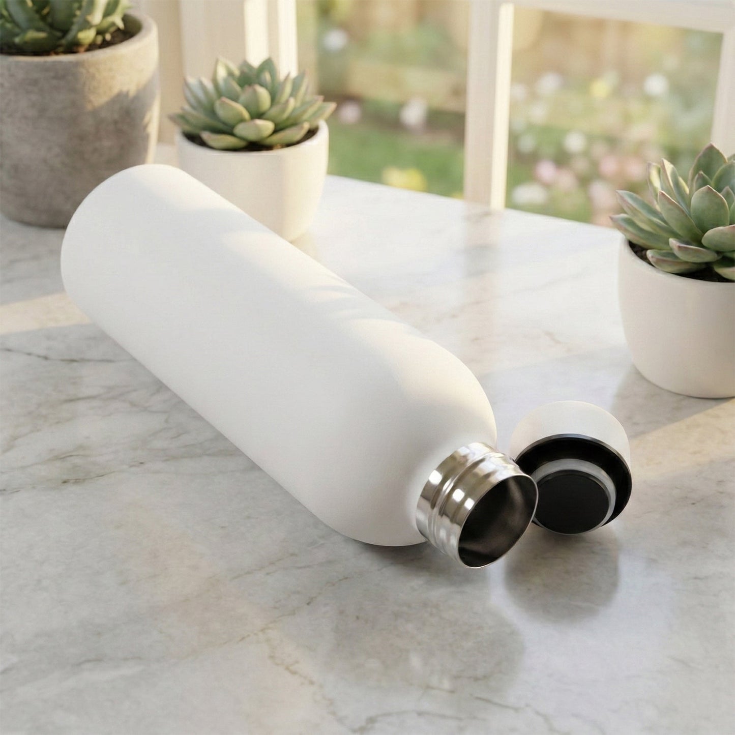 Close-up of insulated water bottle suitable for hot and cold drinks