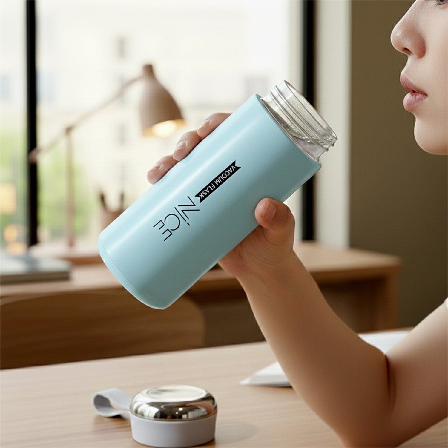 Vacuum flask style glass water bottle with secure leak proof lid