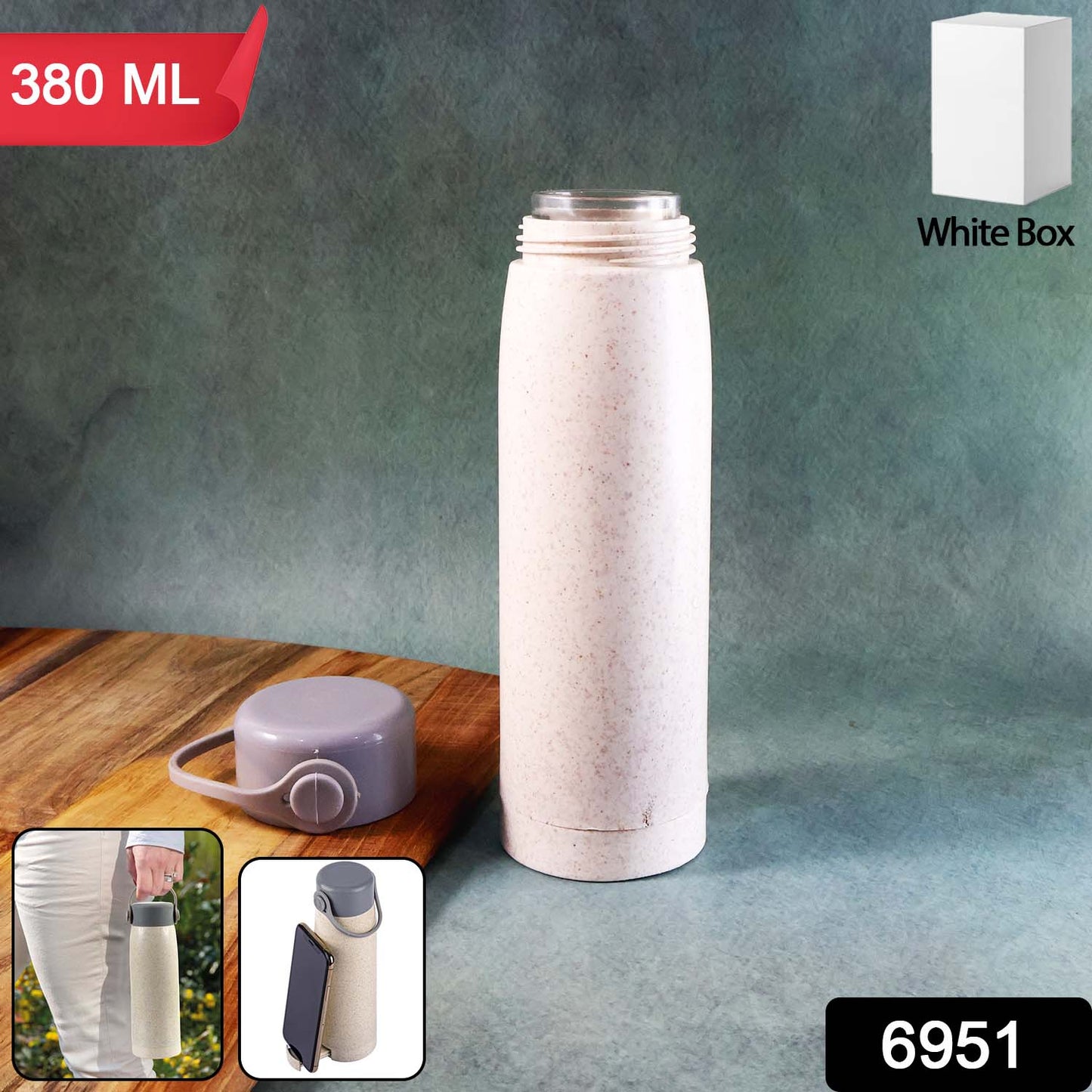 Side angle of the borosilicate glass water bottle, showcasing its sleek design and phone holder.