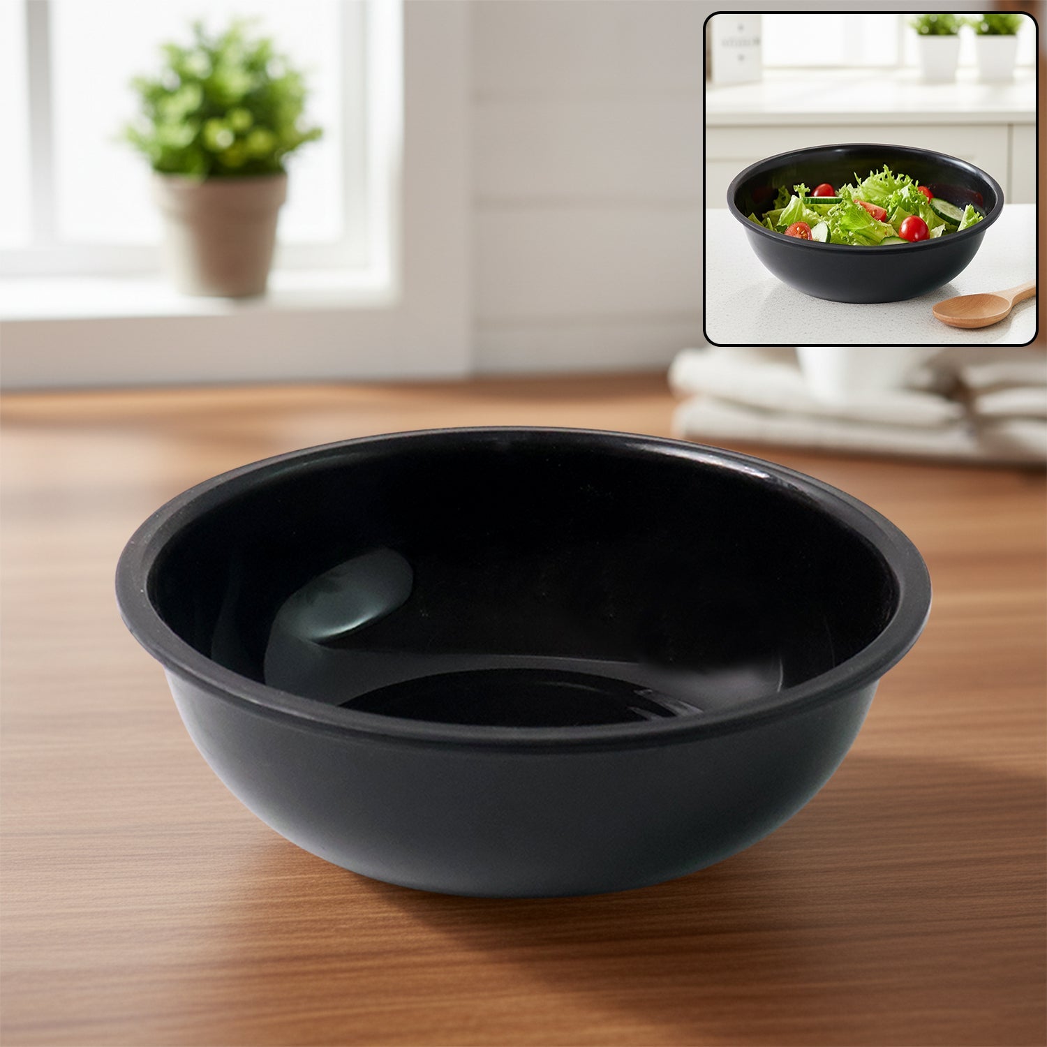 Top view of 6-inch black round plastic serving bowl