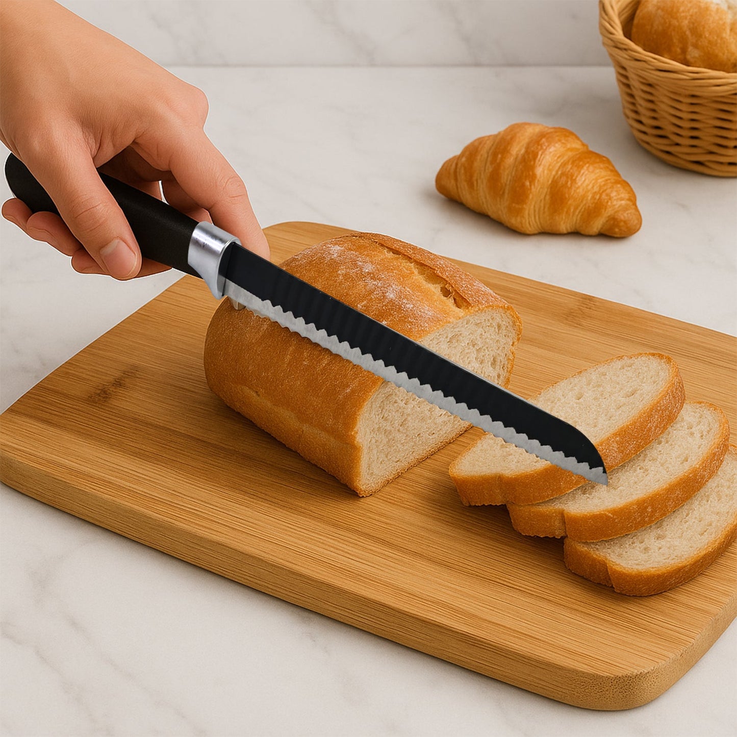 Close-up view of serrated bread knife blade and handle