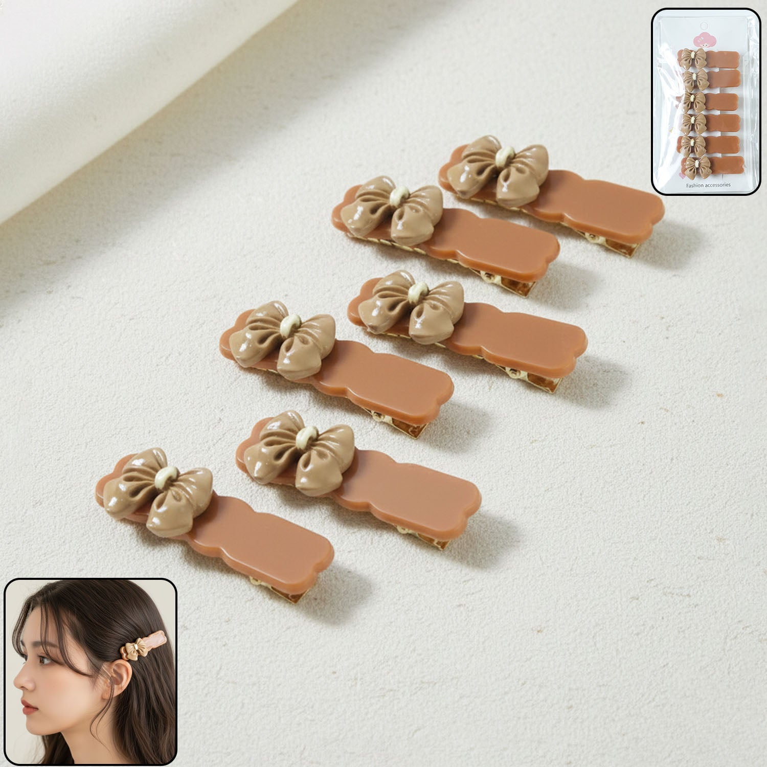 Elegant bow hair clip in solid brown tone holding hair securely