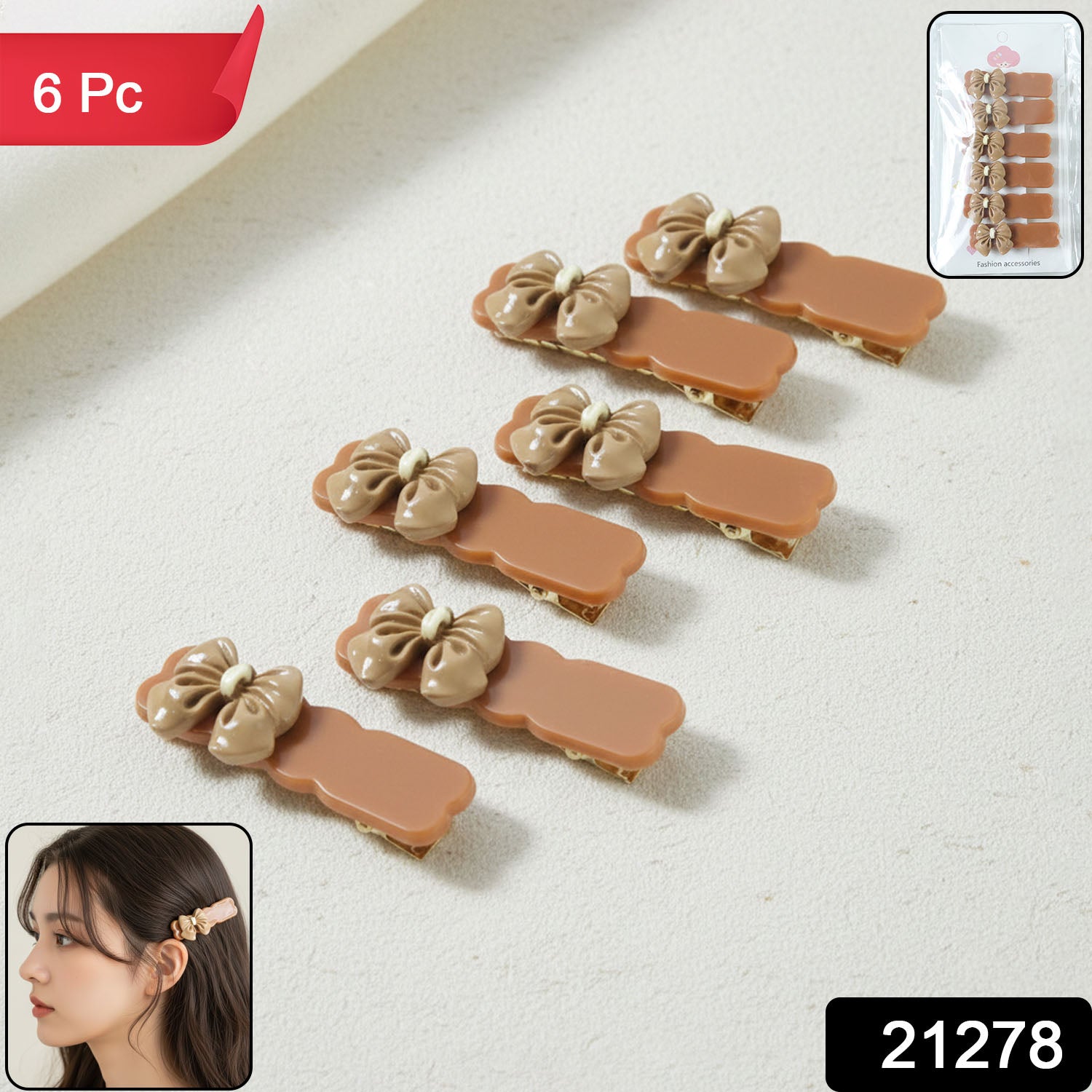 Premium set of 6 fashion bow hair clips with snap closure