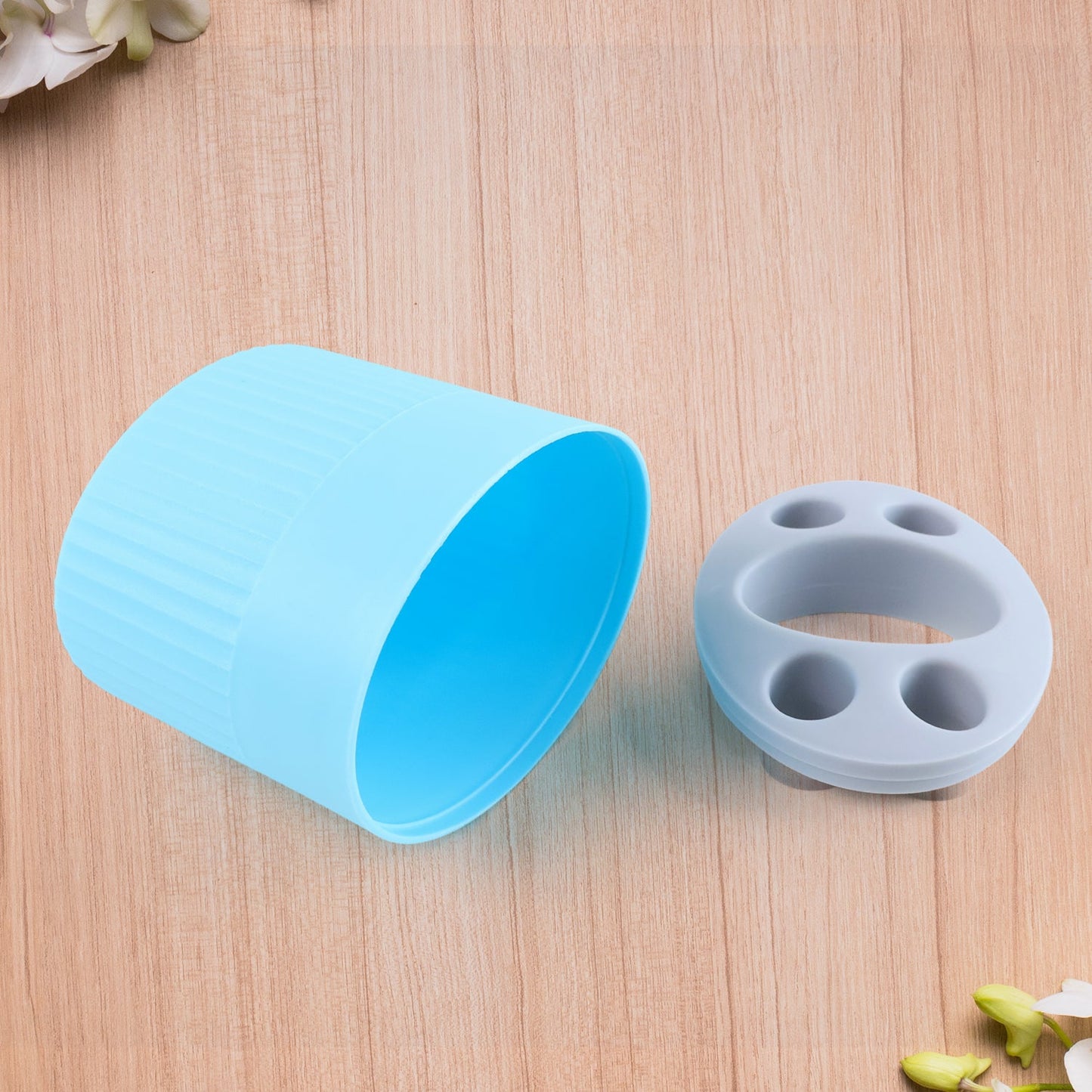 Close-up toothbrush holder showing detailed slots in bathroom organizer
