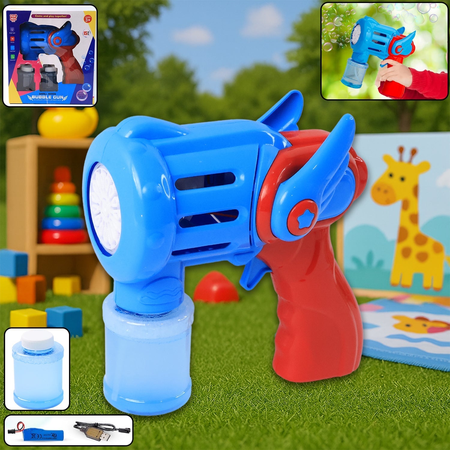 Kids holding colorful rechargeable bubble gun toy blowing bubbles