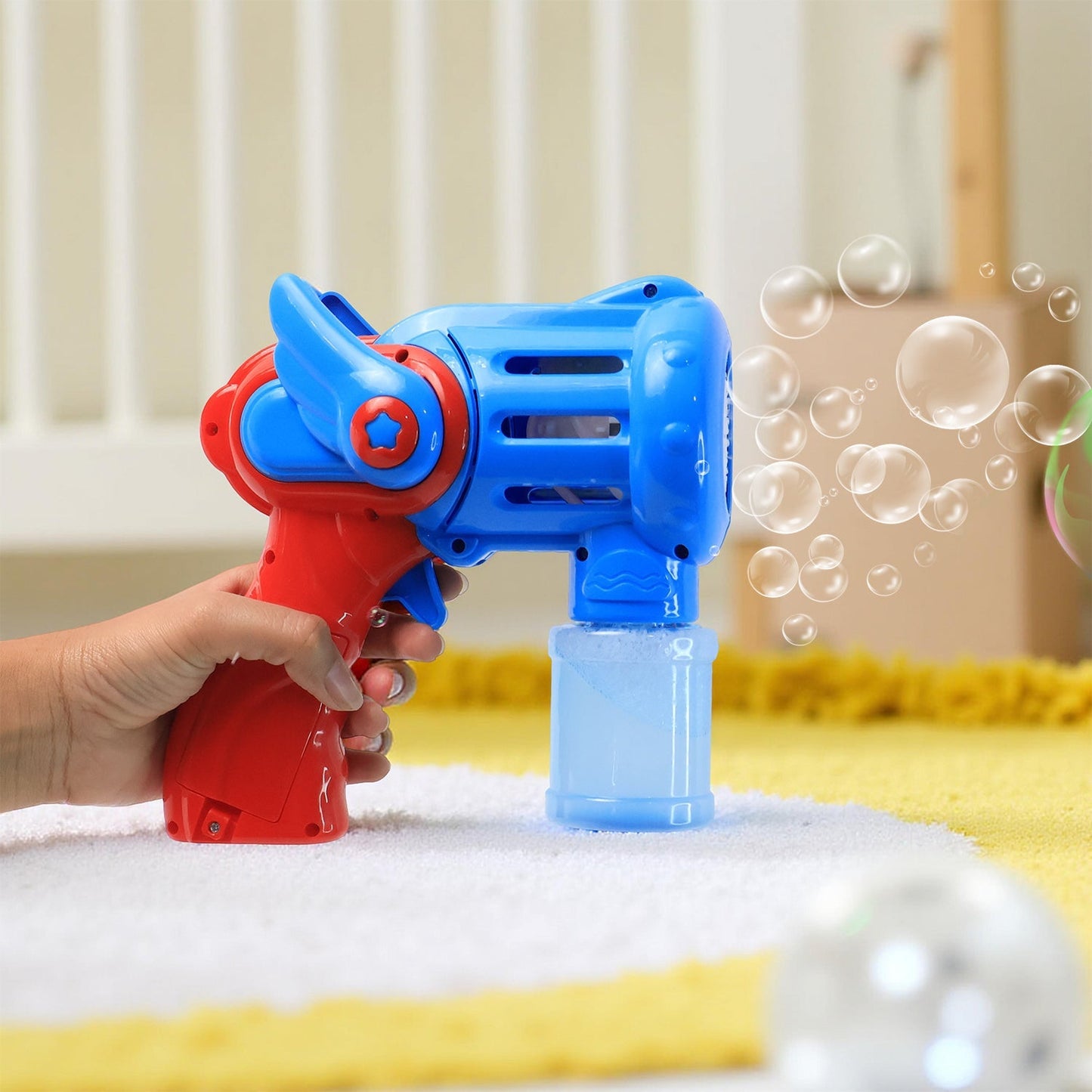 Rechargeable bubble gun toy with USB cable and bubble solution bottles