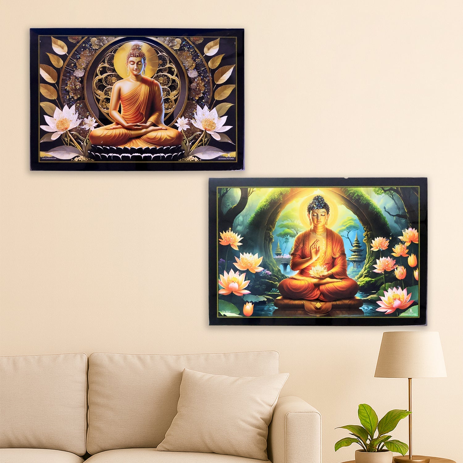 Spiritual wall decor showcasing Lord Buddha in meditation with wooden frame