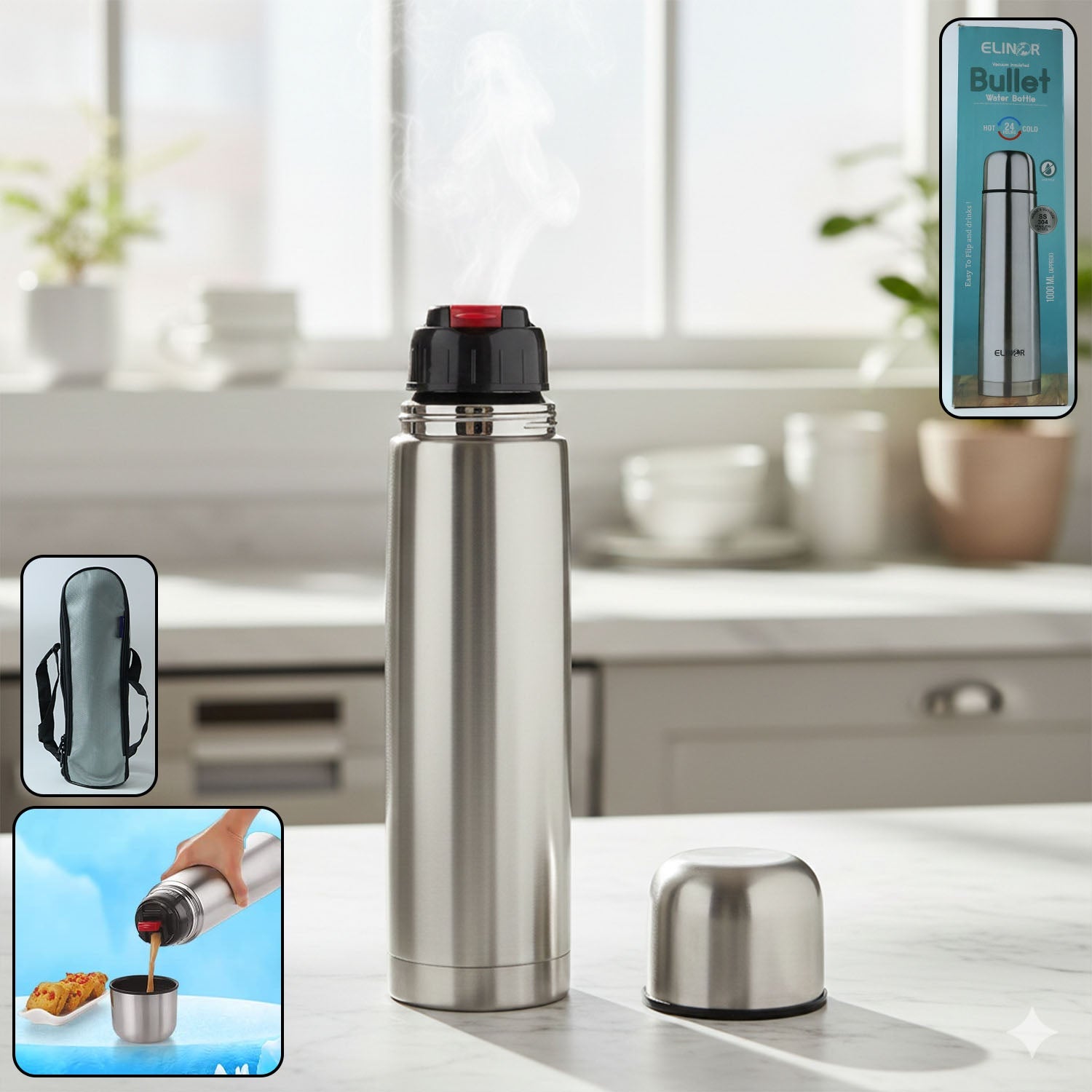Bullet style stainless steel vacuum insulated water bottle with leak-resistant push-button lid