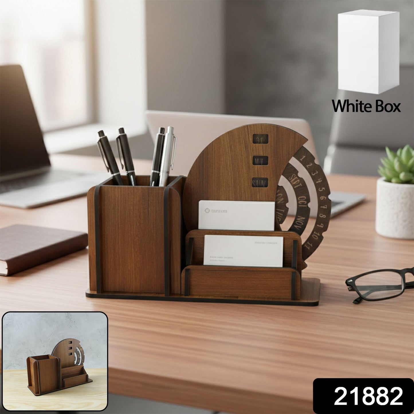 Compact wooden desktop organizer with pen stand and calendar wheel