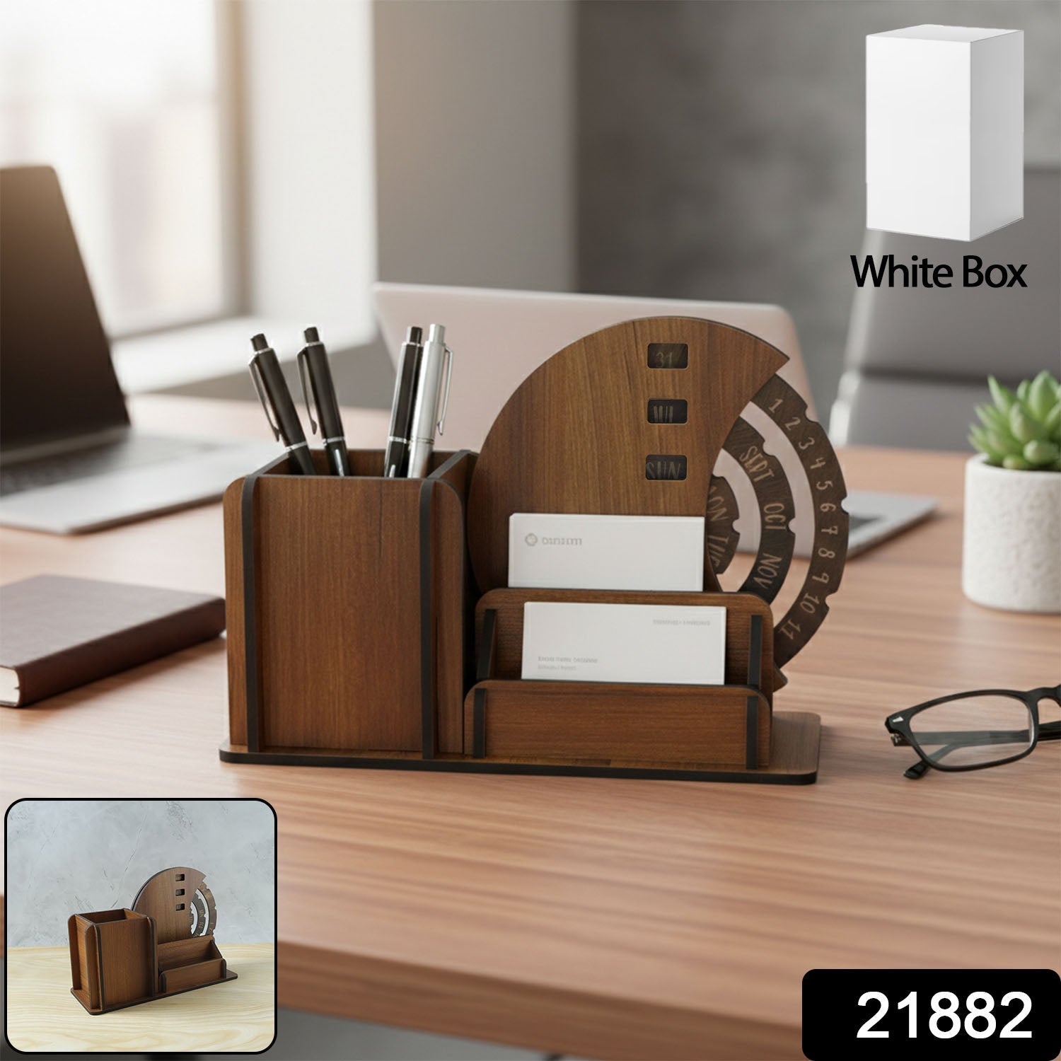Compact wooden desktop organizer with pen stand and calendar wheel