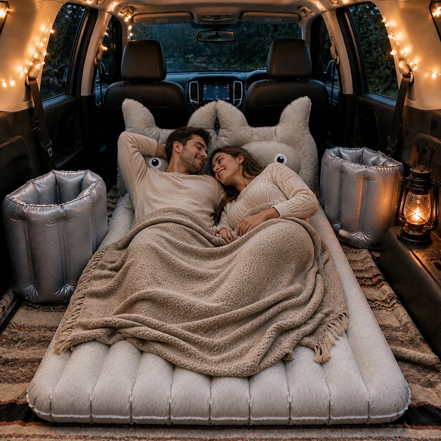Additional view of inflatable car mattress on back seat