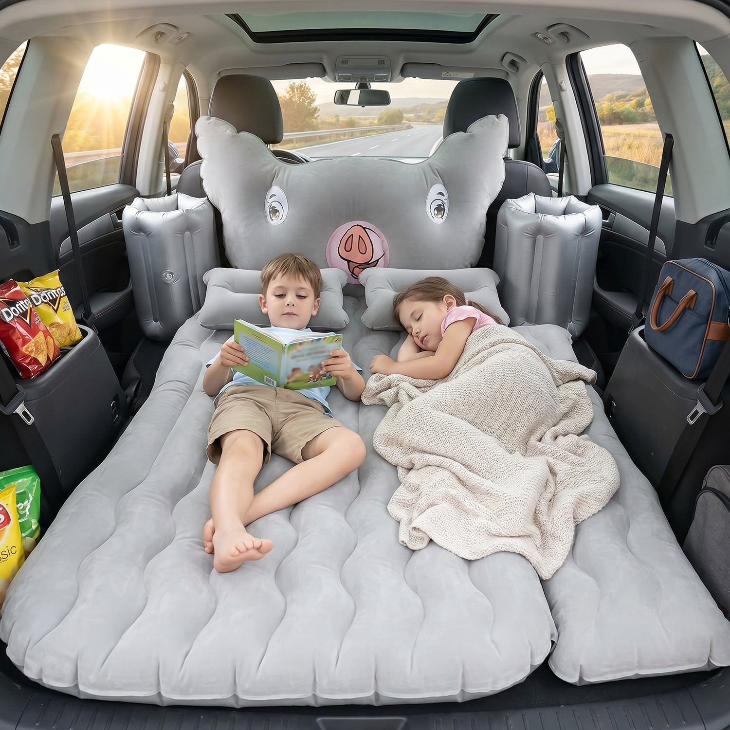Vehicle air bed ready to inflate for travel comfort