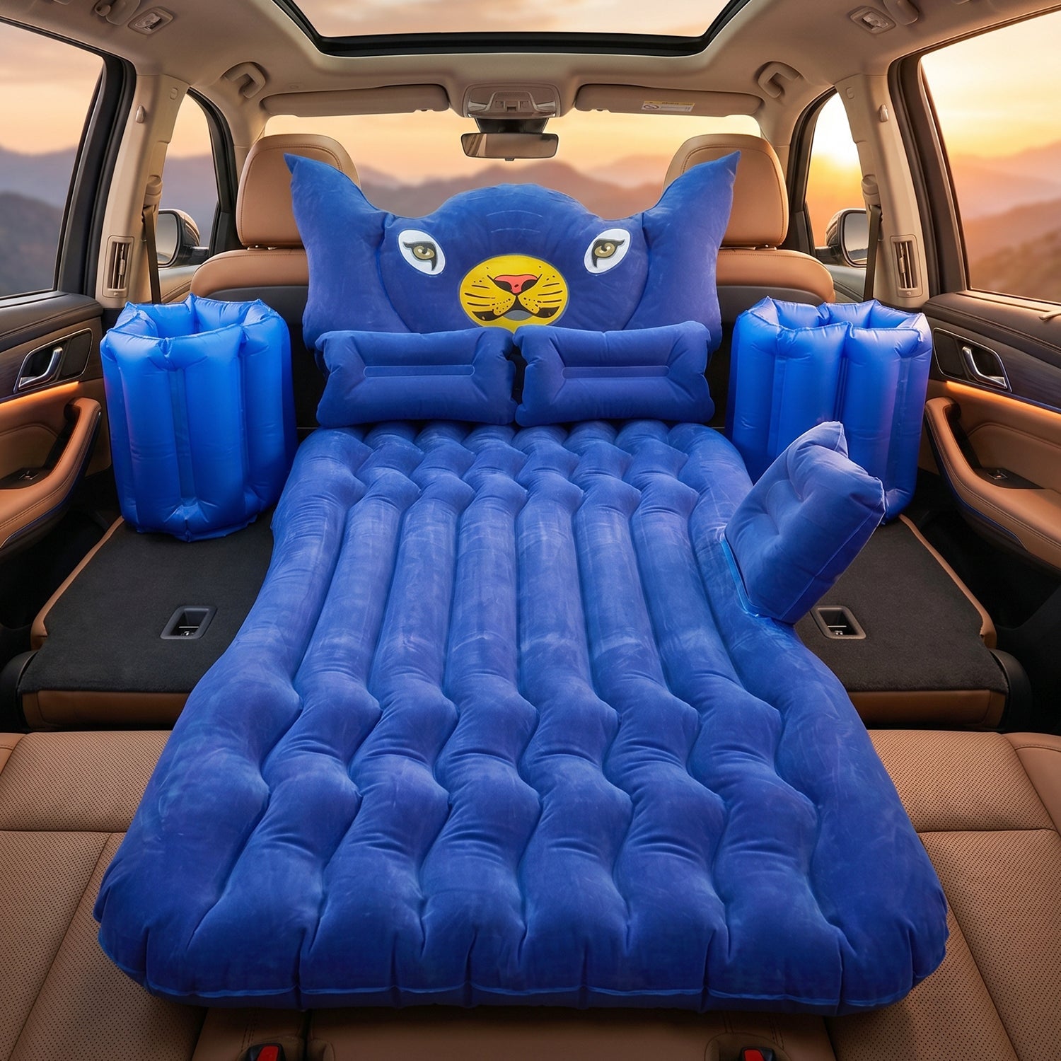 Complete inflatable car bed set including cushions and pump