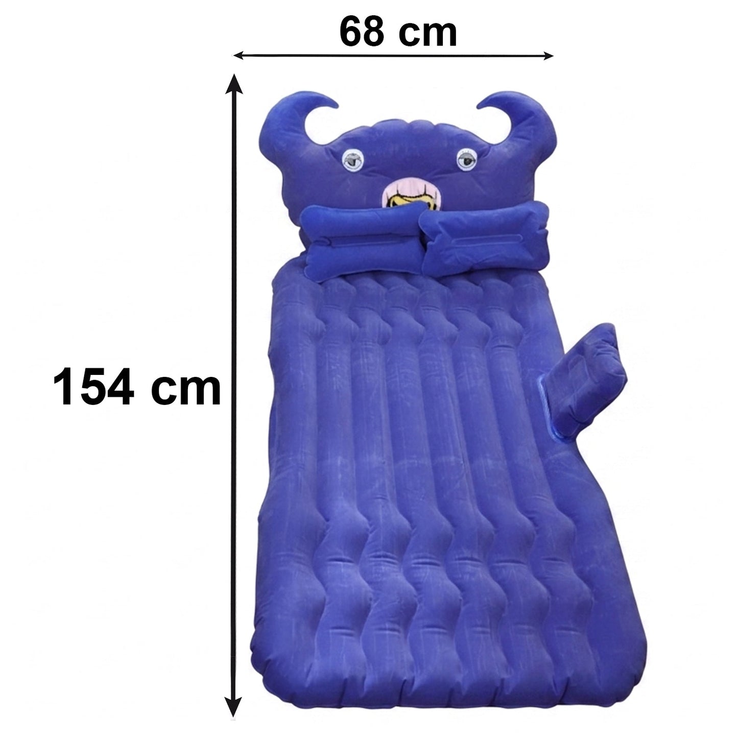 Blue inflatable car mattress partially inflated, ready for use