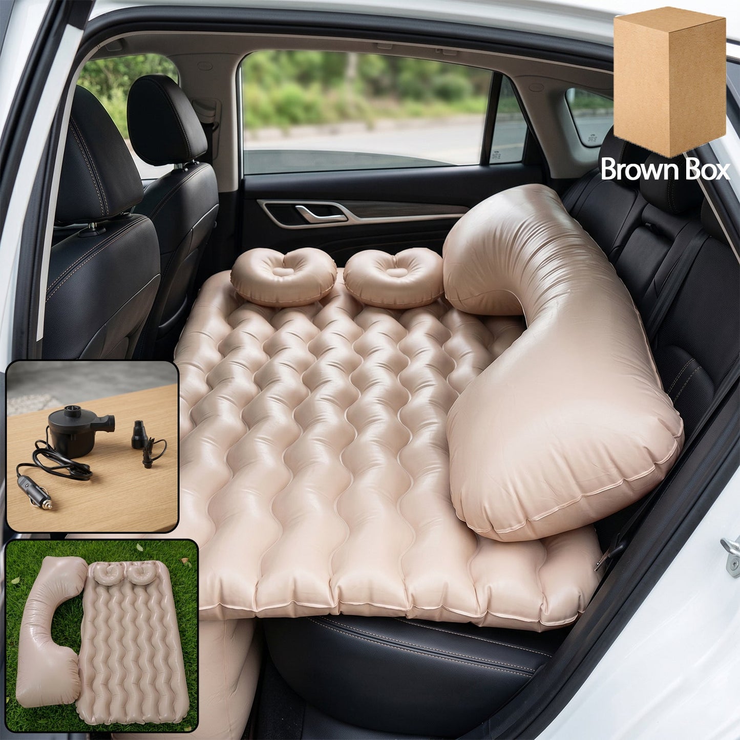 Inflated car air mattress in rear seat for travel comfort