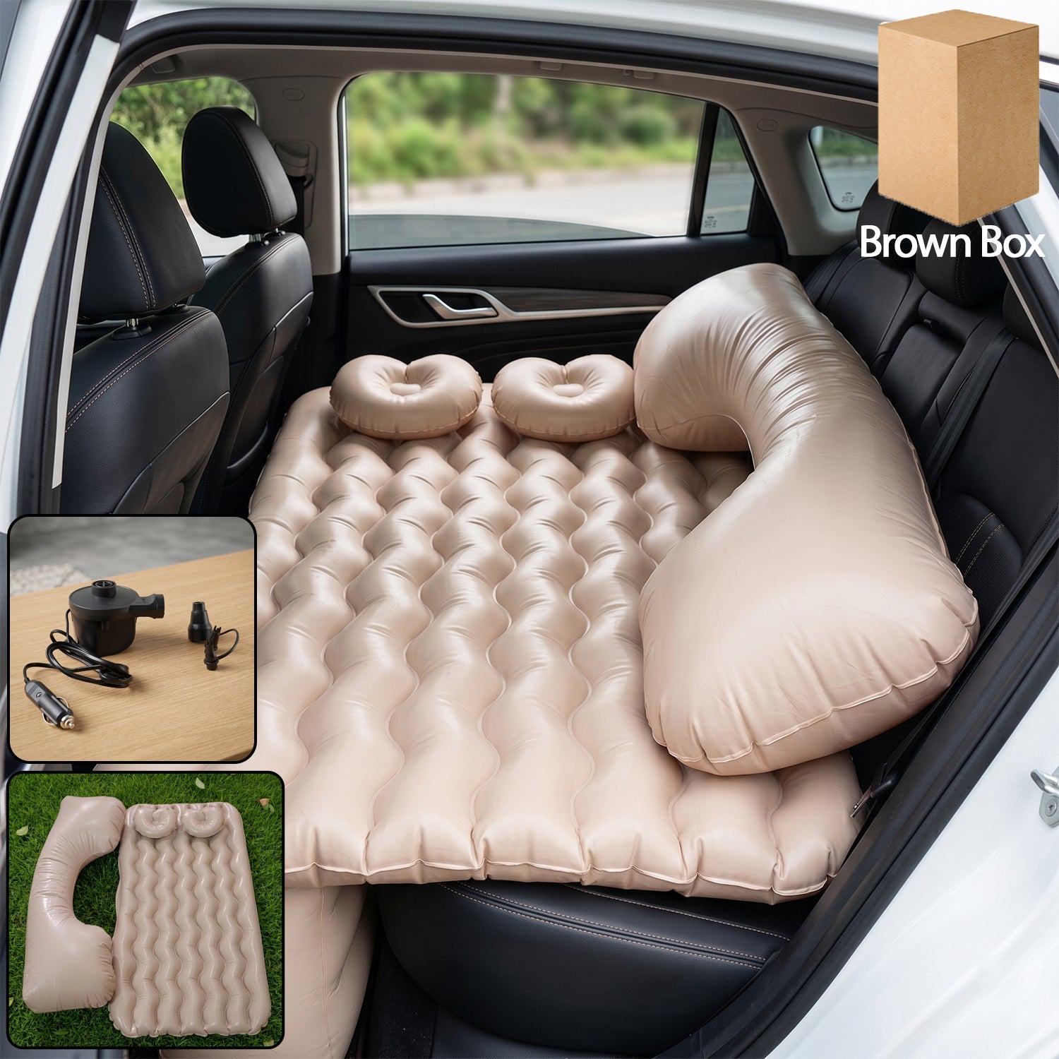 Inflated car air mattress in rear seat for travel comfort
