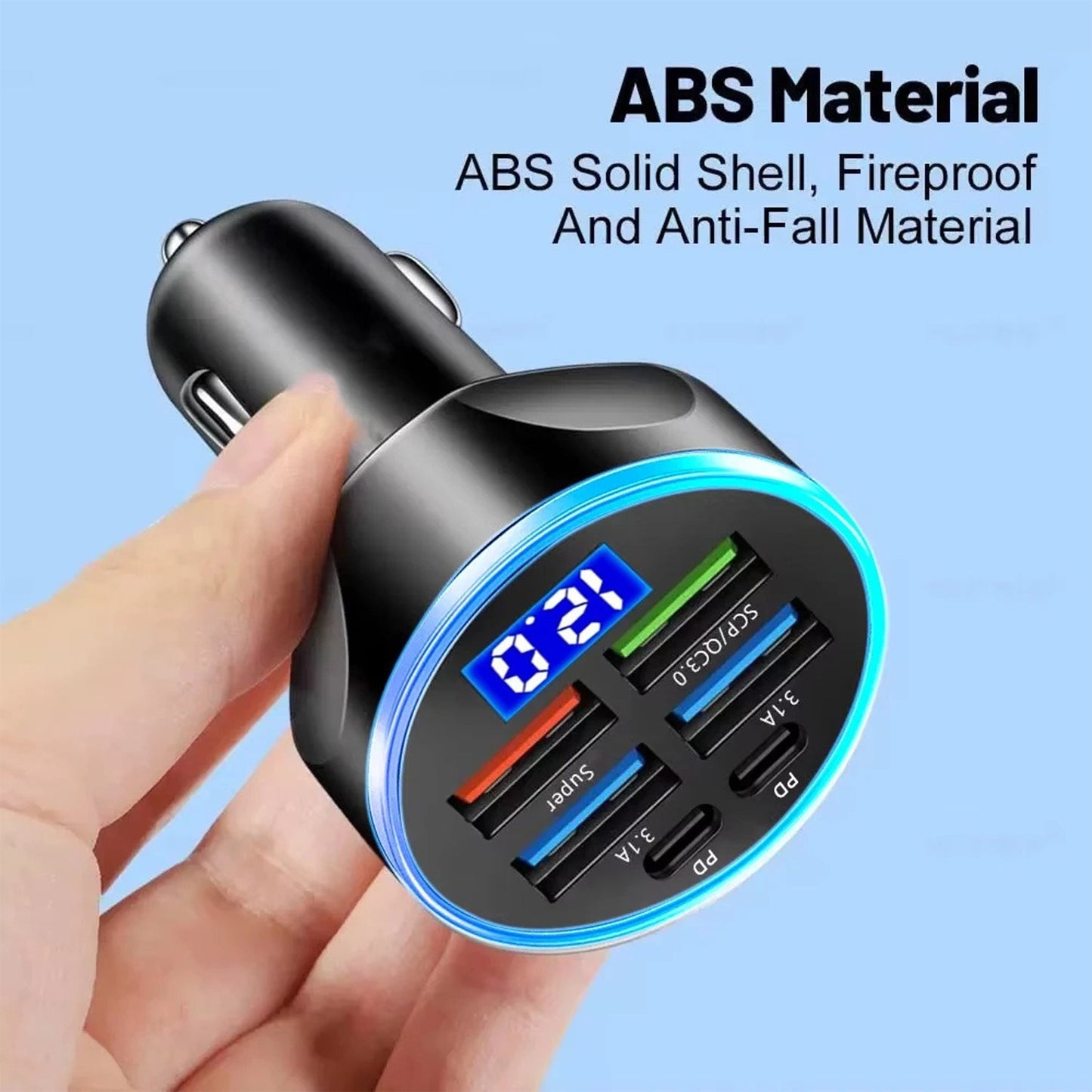 Multi-port car charger in use inside a vehicle socket charging smartphone and tablet