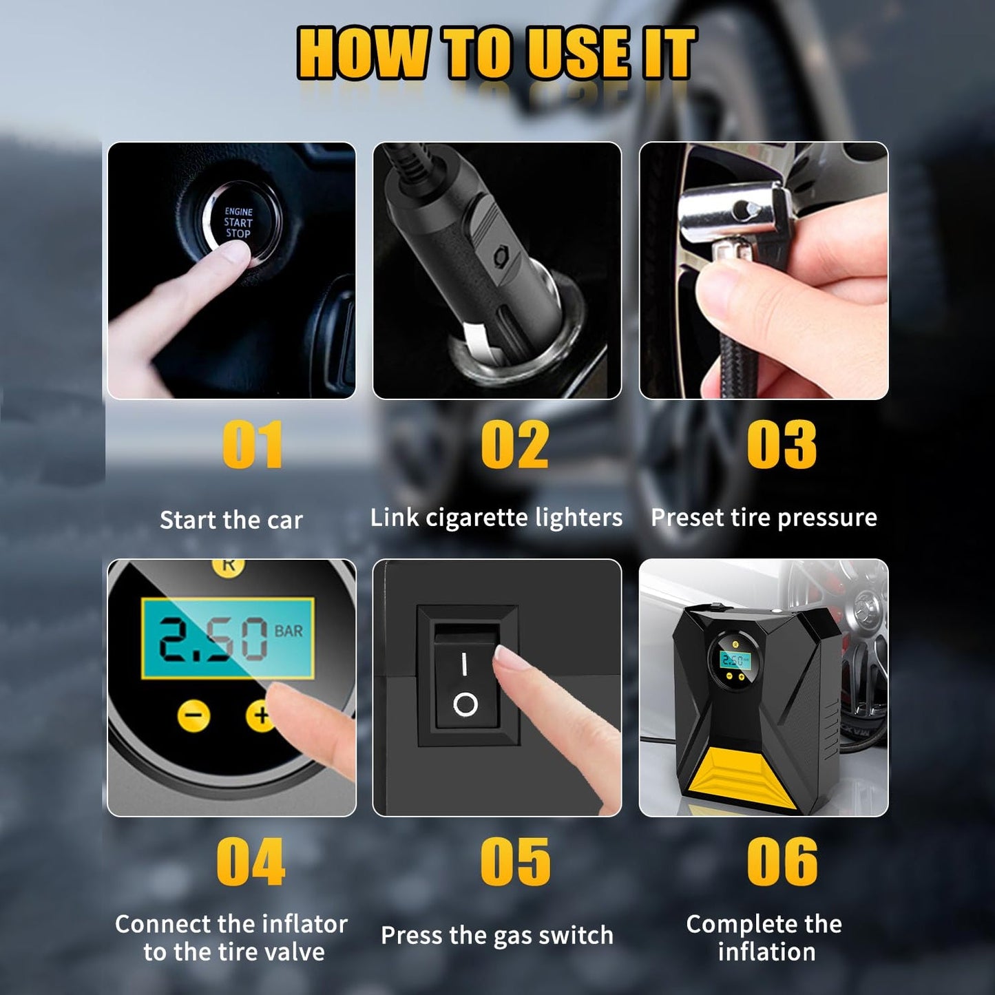 Mini digital tyre inflator in use on vehicle tyre