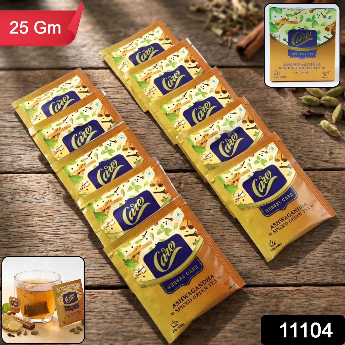 Fresh green tea leaves blended with ashwagandha and spices for herbal tea