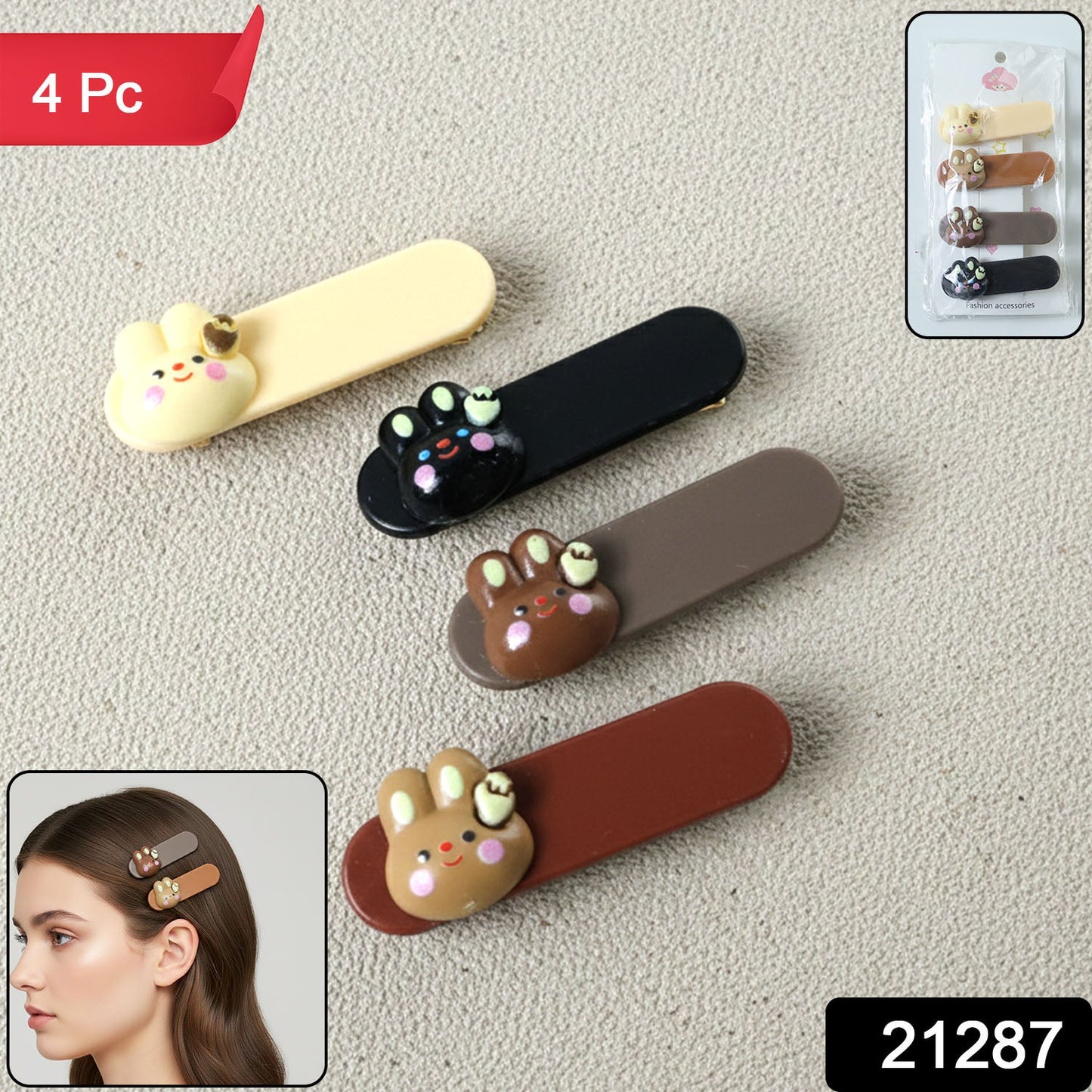 Close-up of cartoon bunny face on decorative hair clip with snap mechanism