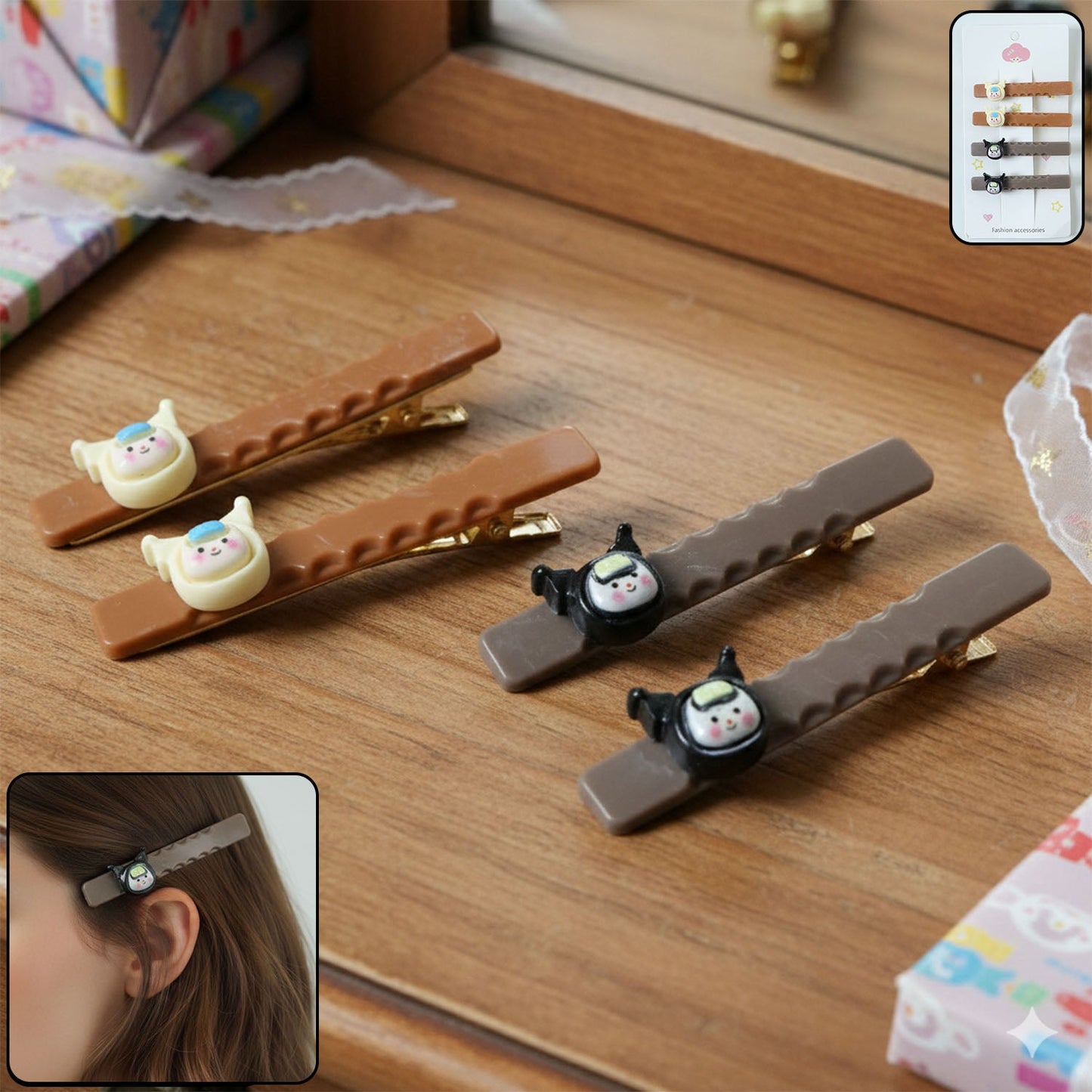Cute character heart hair pins adding playful charm to hairstyles