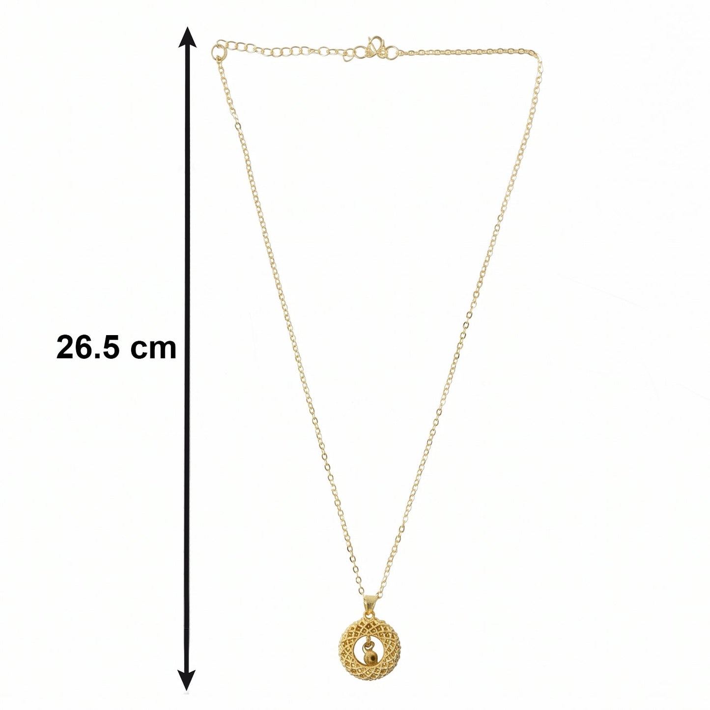 angled view of golden necklace chain and intricate pendant