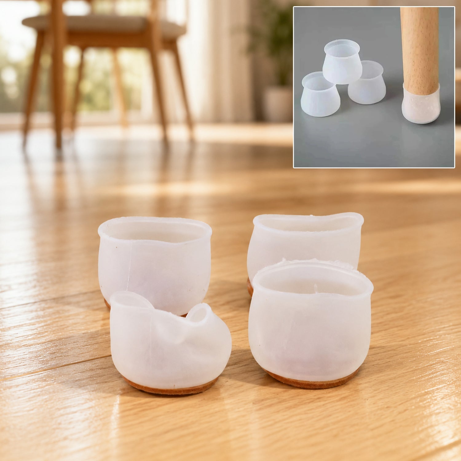Silicone furniture feet pads on chair legs protecting floor from scratches