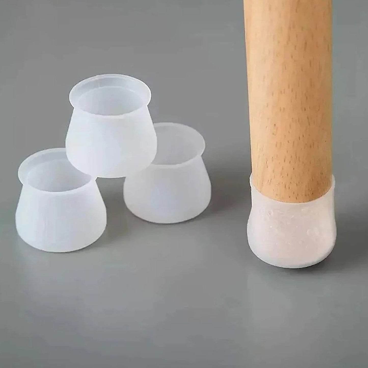 Transparent silicone pads attached to various furniture legs enhancing stability