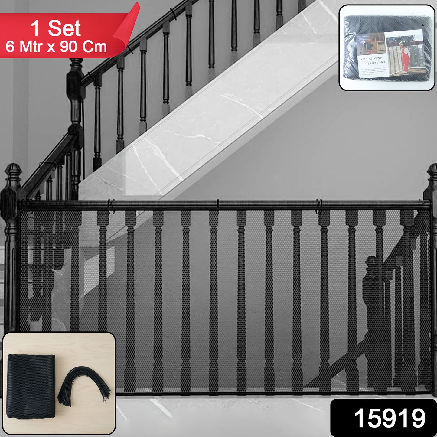 Child safety net installed on balcony railing preventing falls