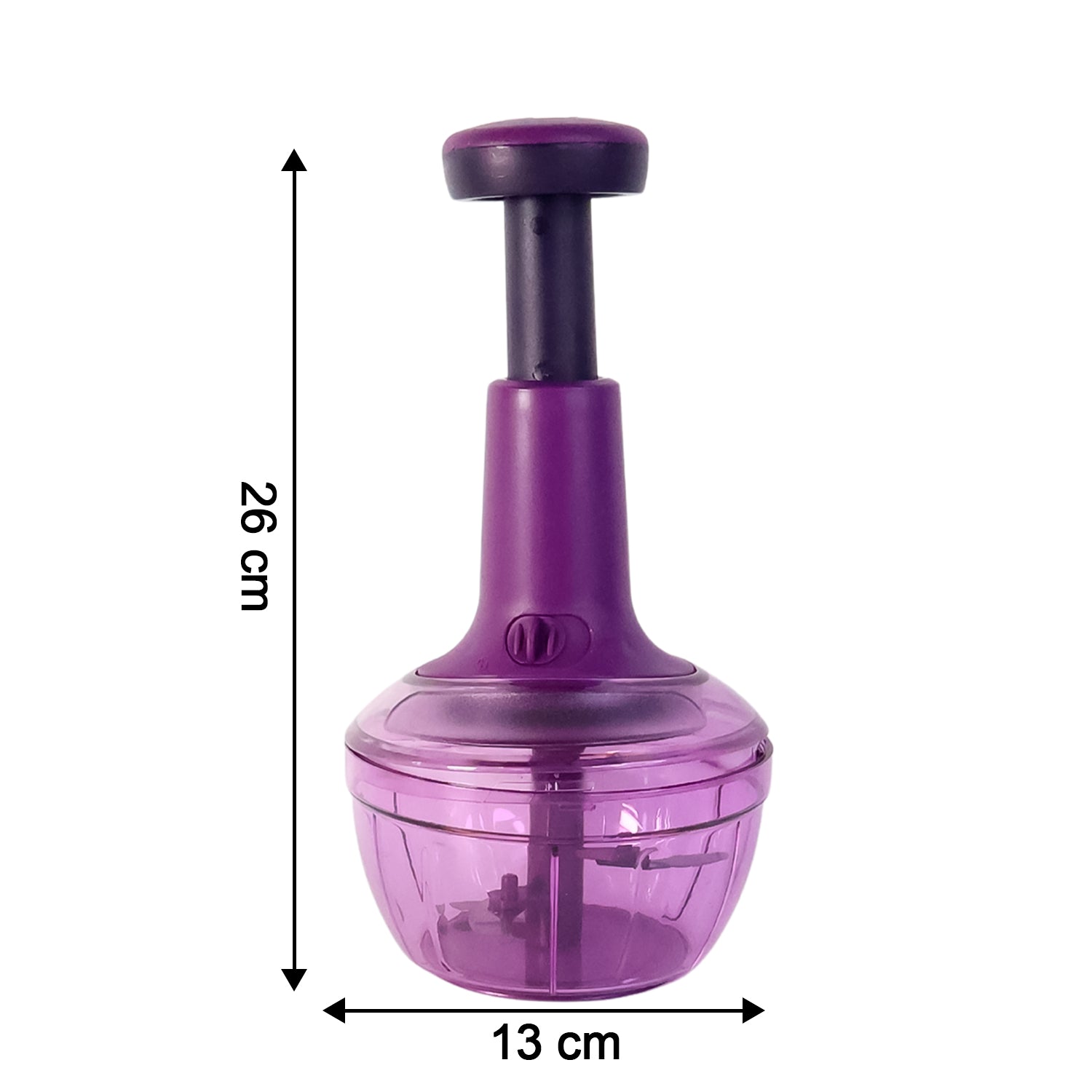 Top view of manual vegetable chopper showing sharp stainless steel blades and push mechanism