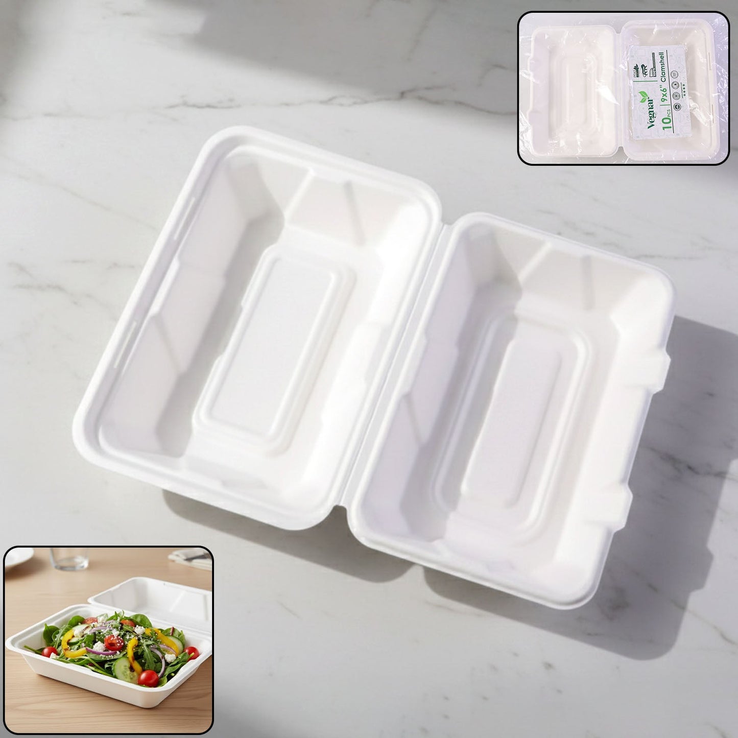 Vegnar 9x6 inch bagasse clamshell food box with hinged lid