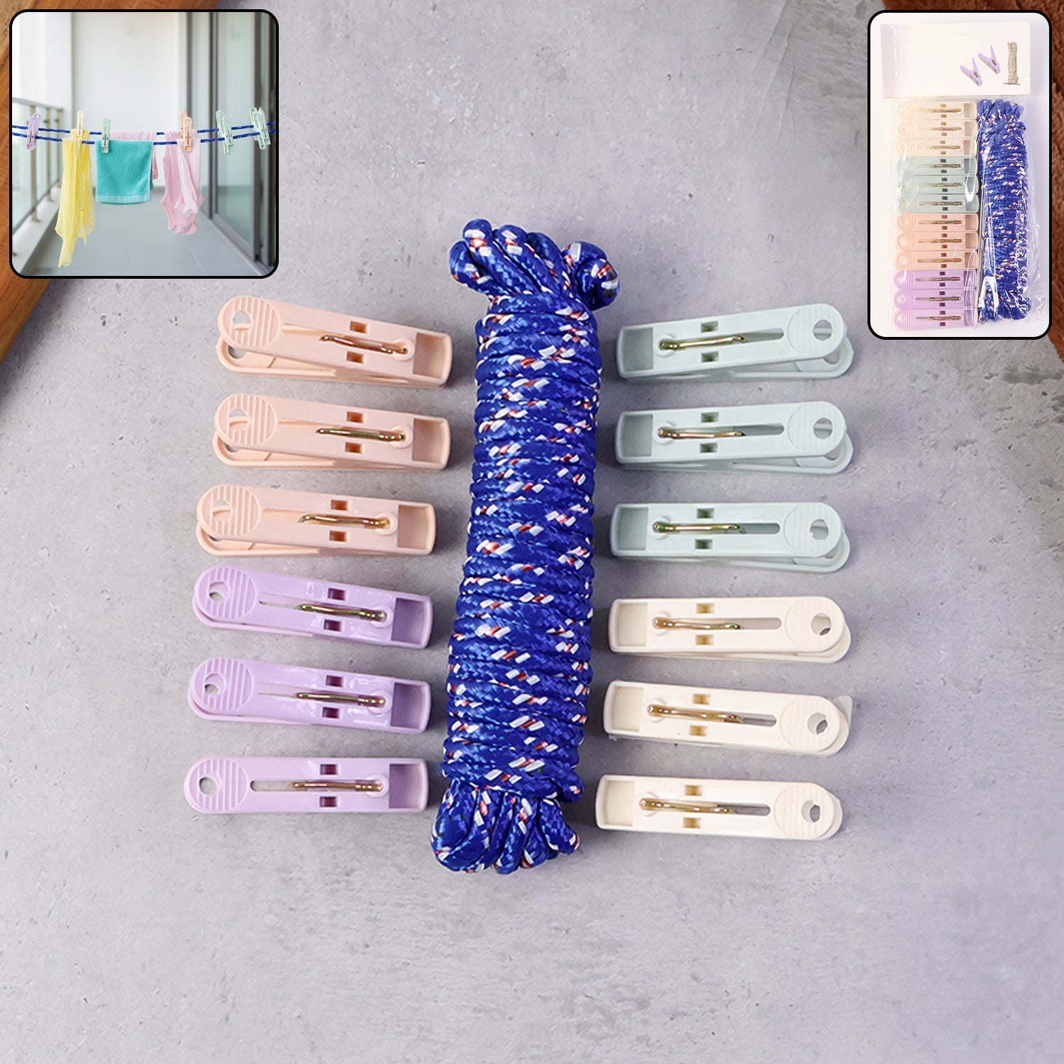 Clothesline rope with 12 pastel clips for laundry drying