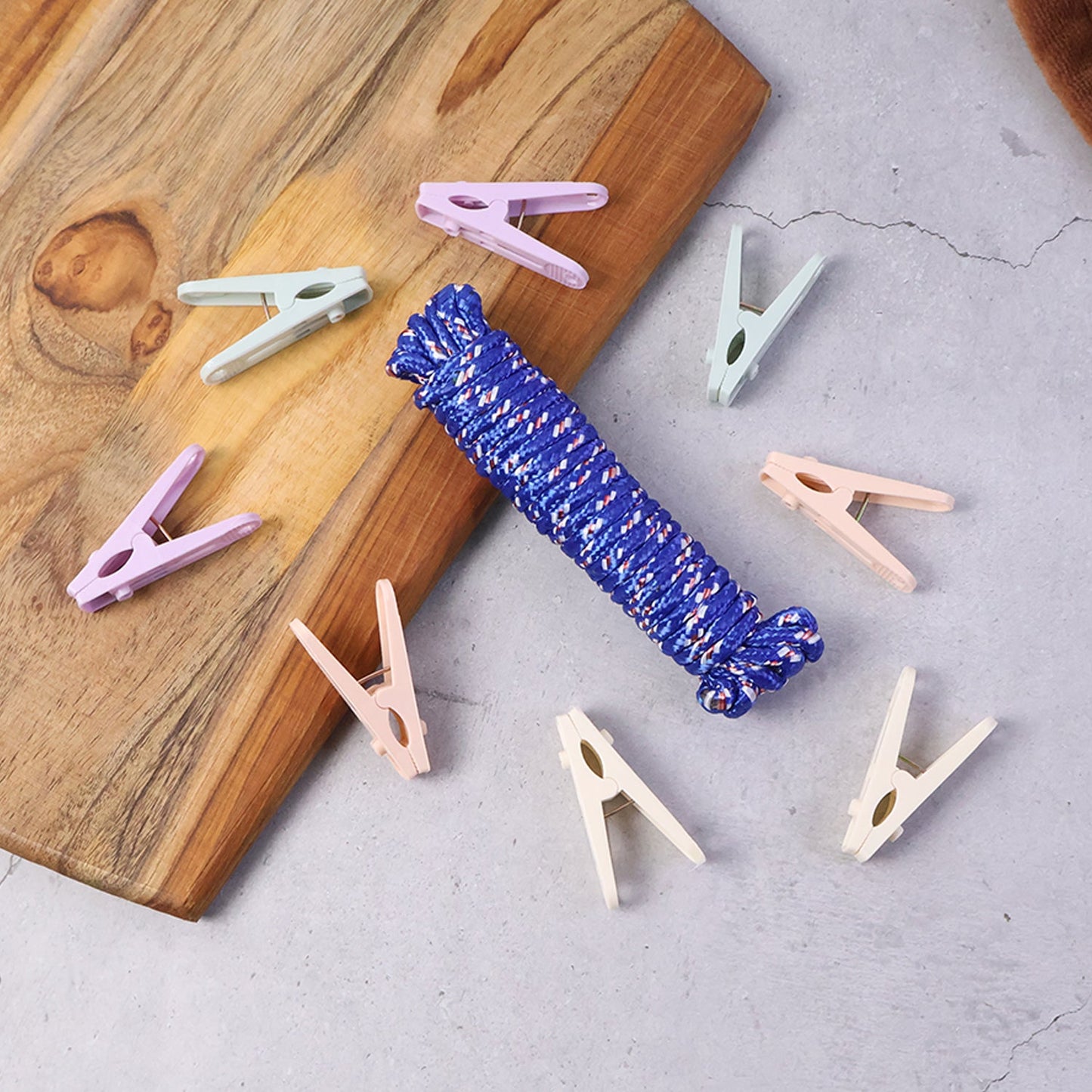 Strong rope for drying clothes with clips attached