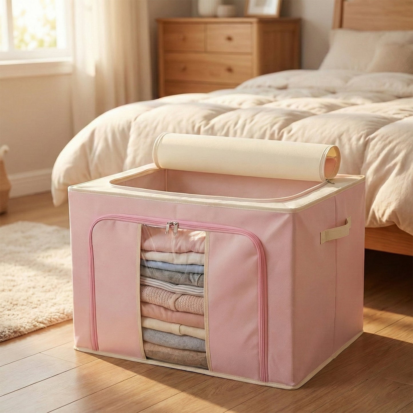 Fabric storage bag folded flat for compact storage