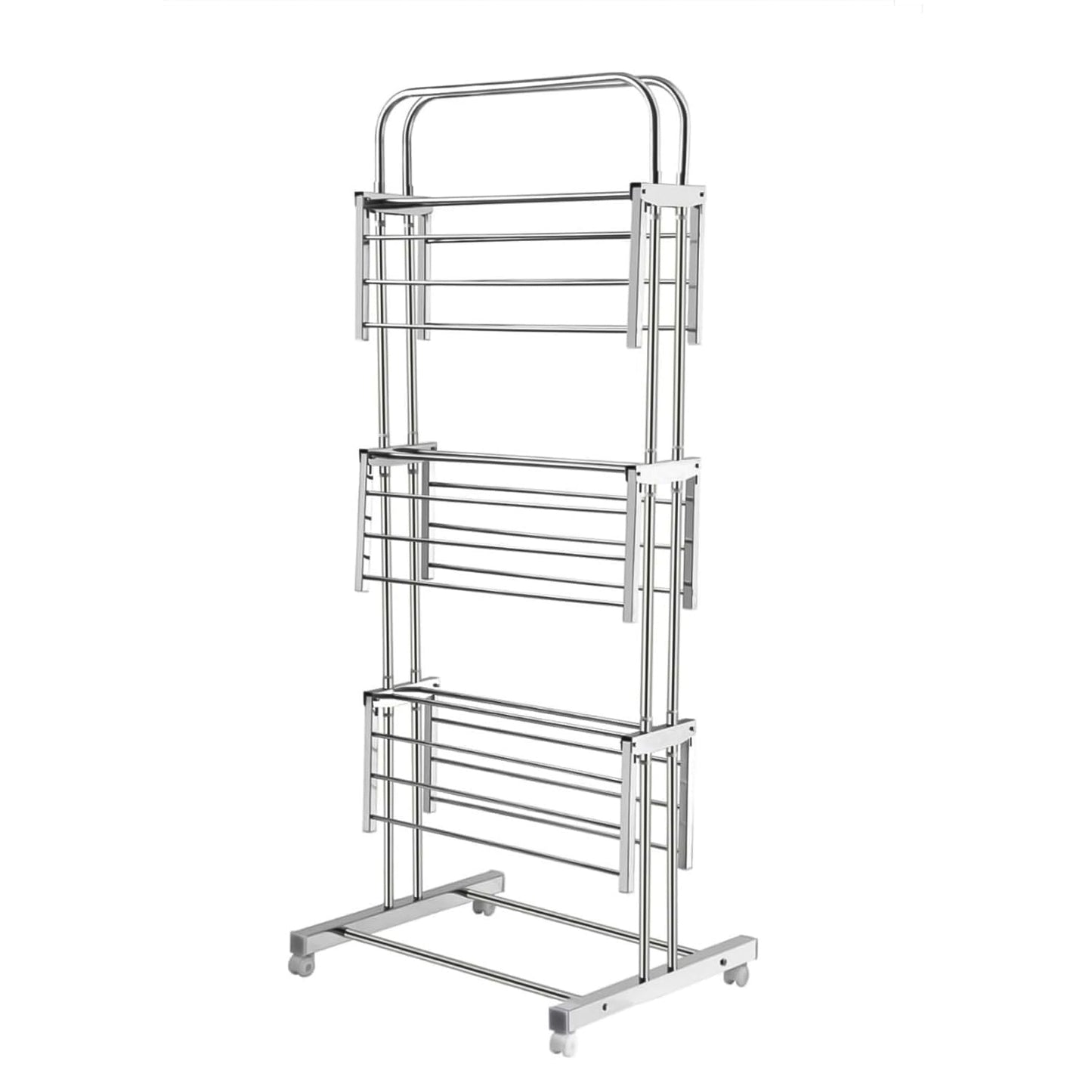 Durable stainless steel clothes drying rack with plastic connectors and caster wheels