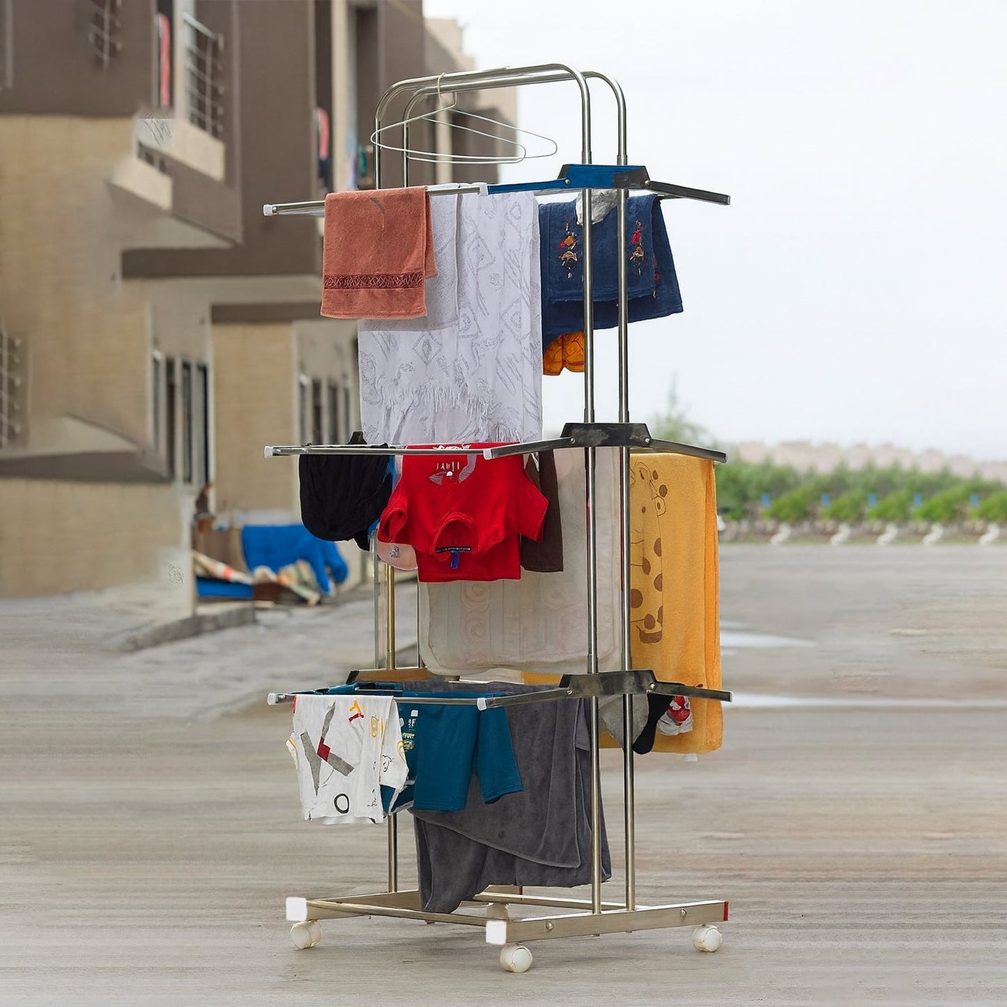 Foldable cloth drying stand made of stainless steel with side wings for extra drying space