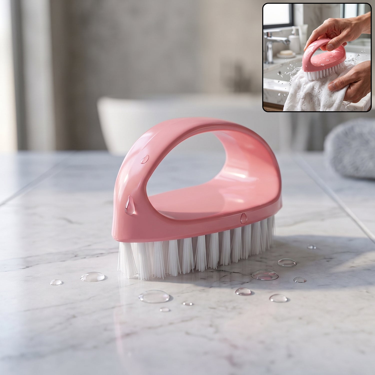 Pink handled scrubbing brush designed for deep cleaning tasks