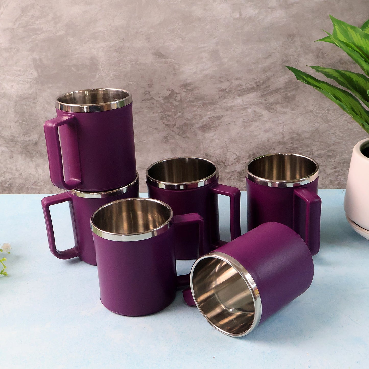 Set of 6 stylish coffee mugs featuring durable stainless steel interior