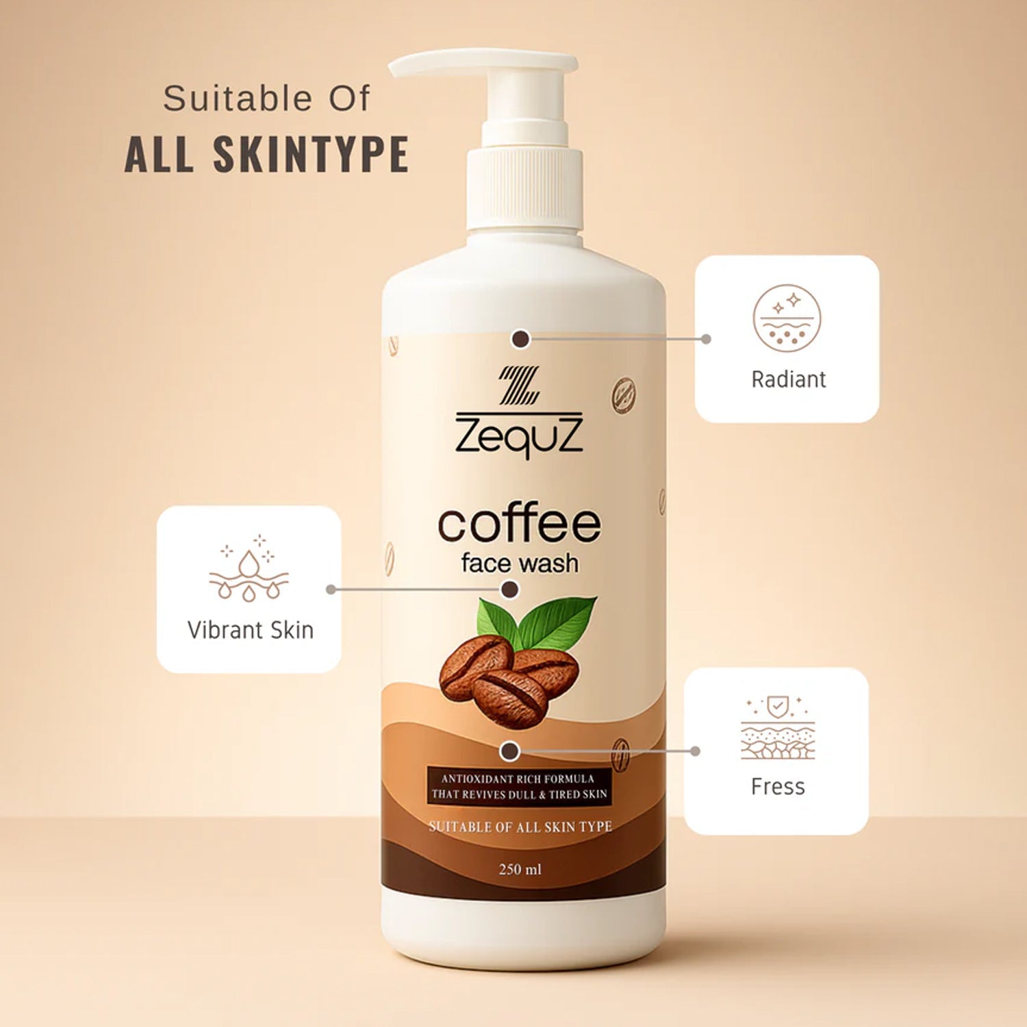 Coffee Face Wash bottle displayed with coffee plant leaves symbolizing natural ingredients
