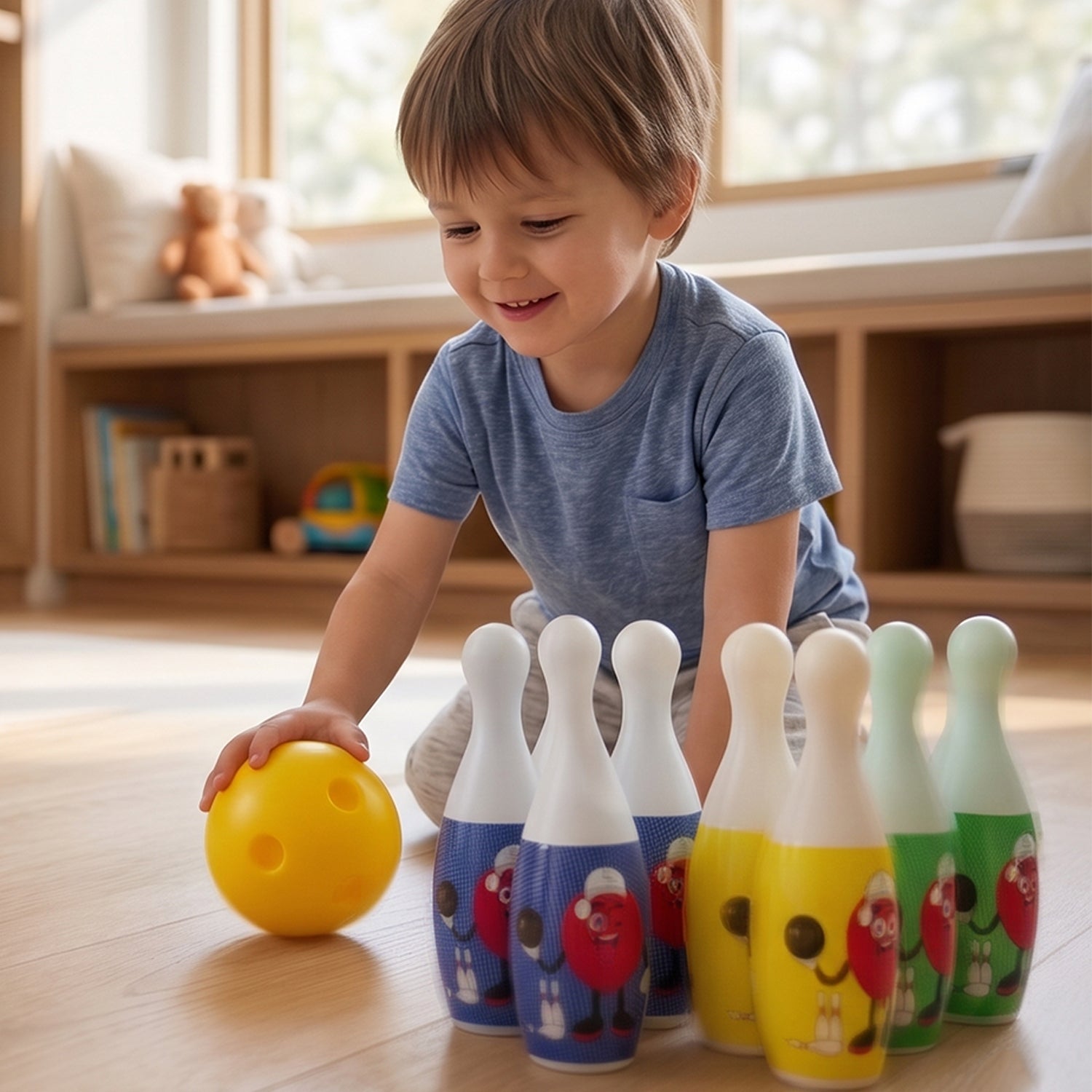 Set of colorful toddler bowling pins and balls for active play