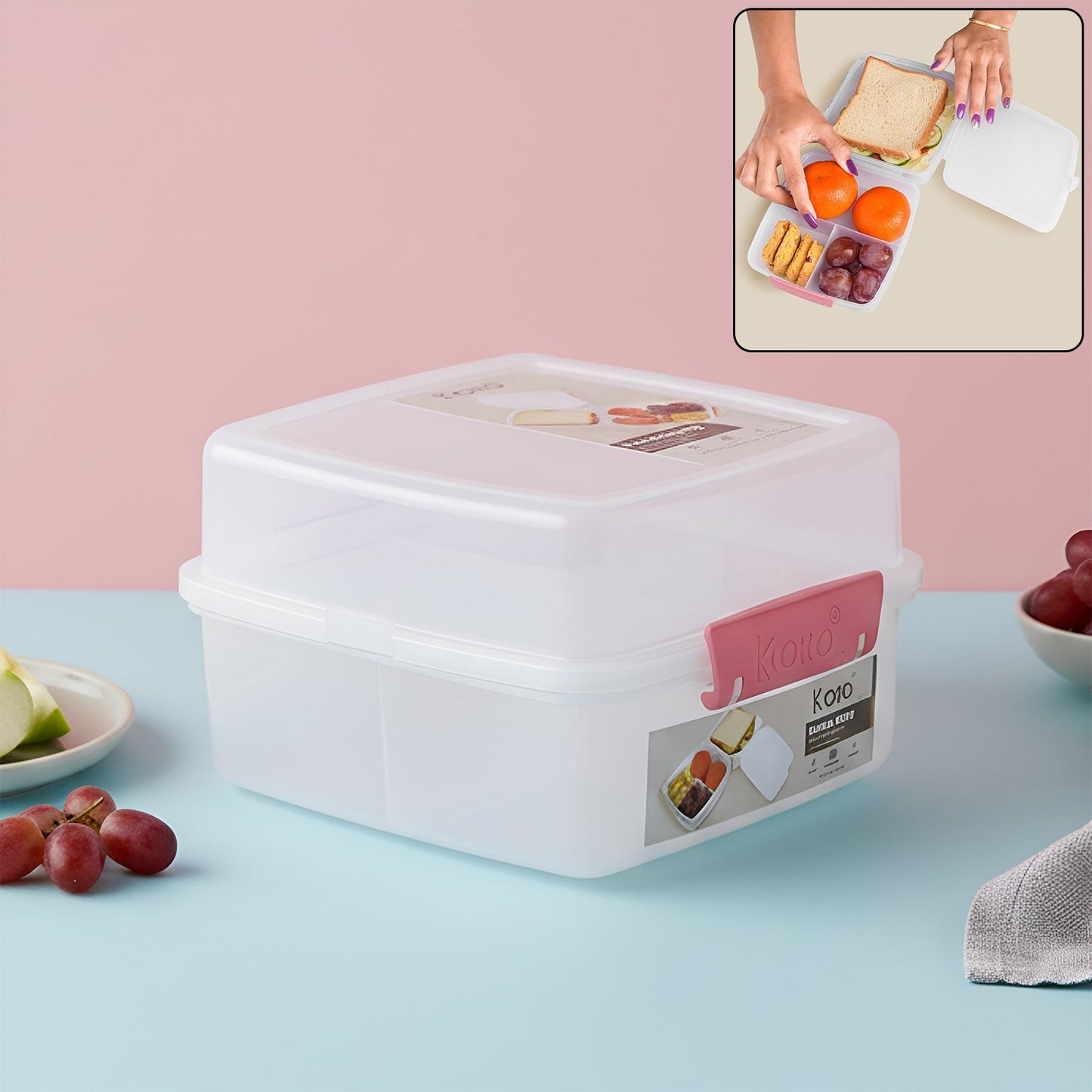 Transparent lunch box allowing easy view of stored food in compartments