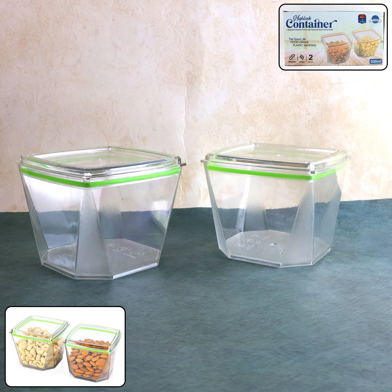 Two 500ml leak-proof food storage containers with green lids