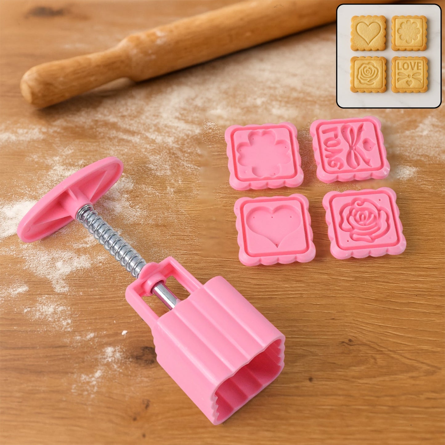 Cookie biscuit stamp mold set with press handle and decorative patterns
