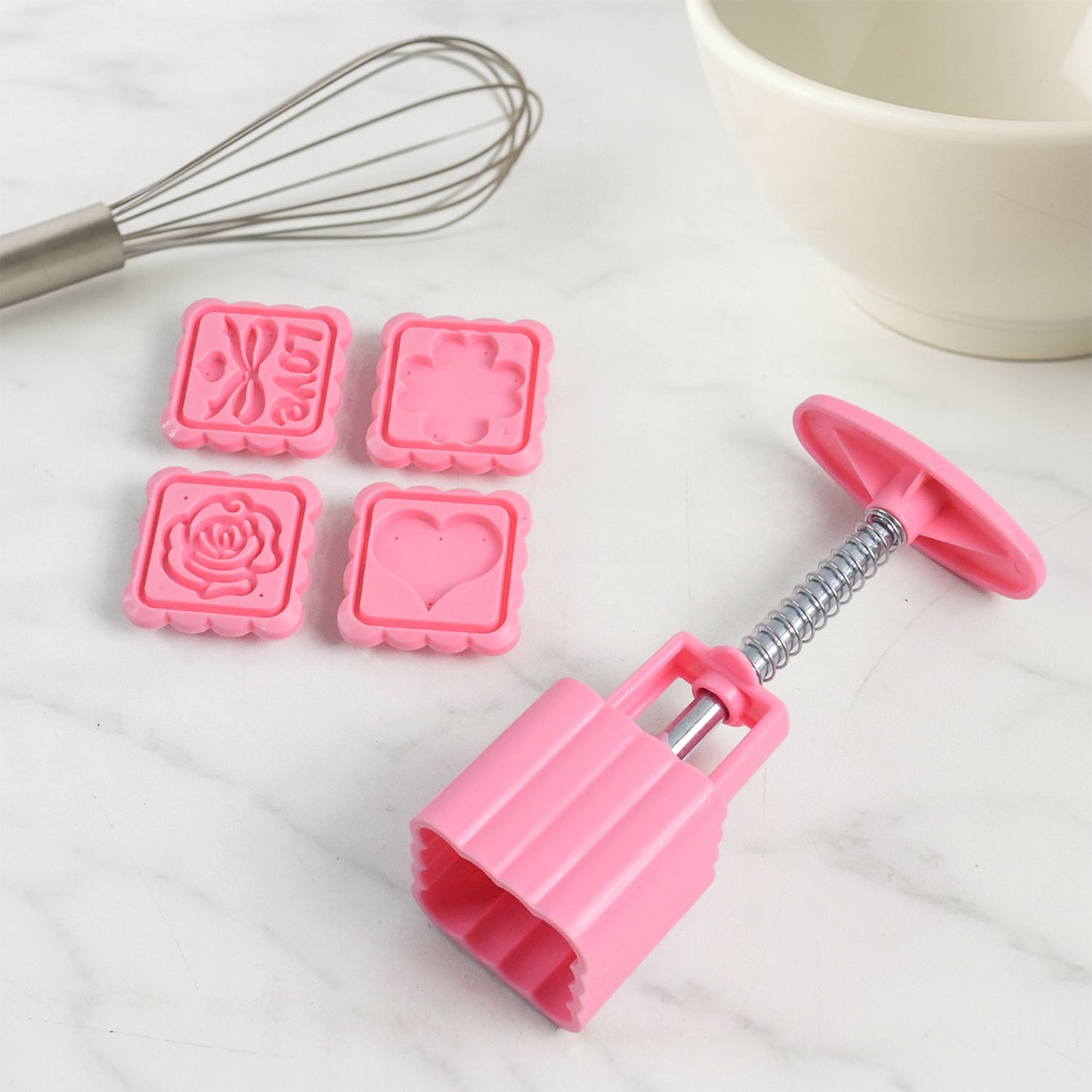 Press handle and interchangeable decorative stamps for cookie baking