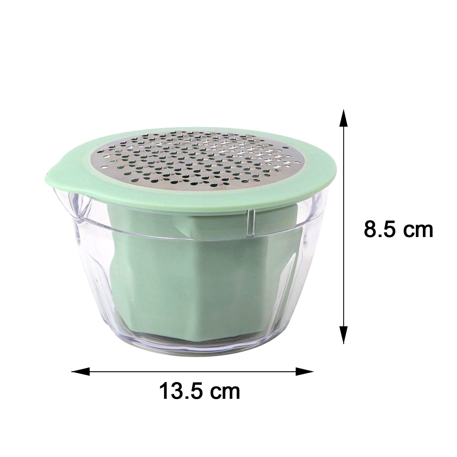 Measurement diagram of manual vegetable grater with dimensions 14 cm length, 13 cm width, 8 cm height