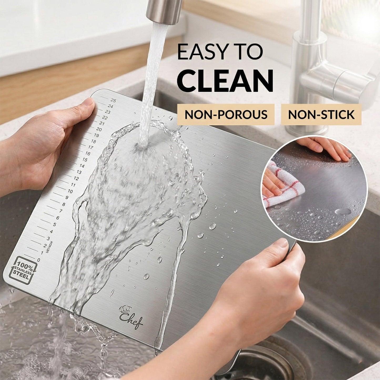 Heavy-duty stainless steel chopping board in kitchen setting