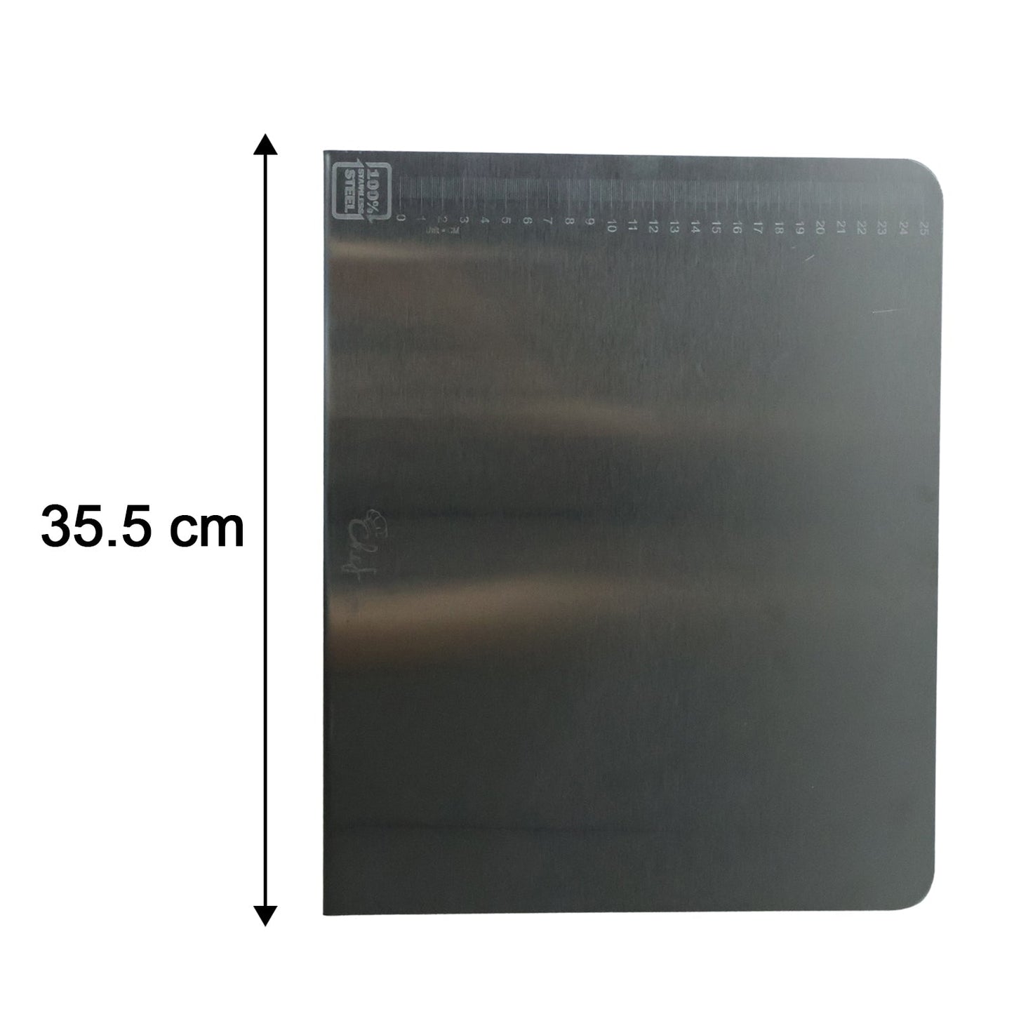 Measurement scale on stainless steel chopping board showing size