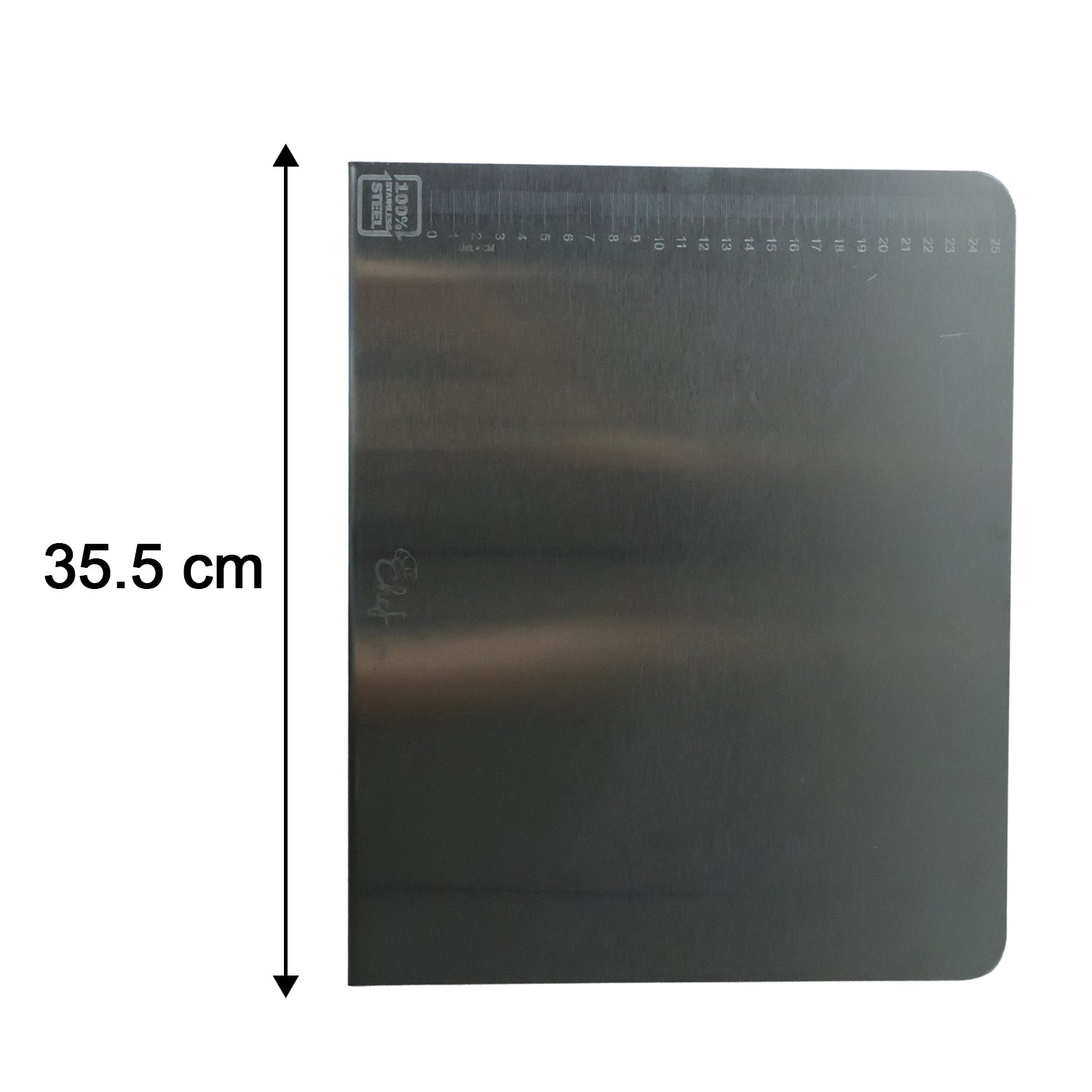 Measurement scale on stainless steel chopping board showing size