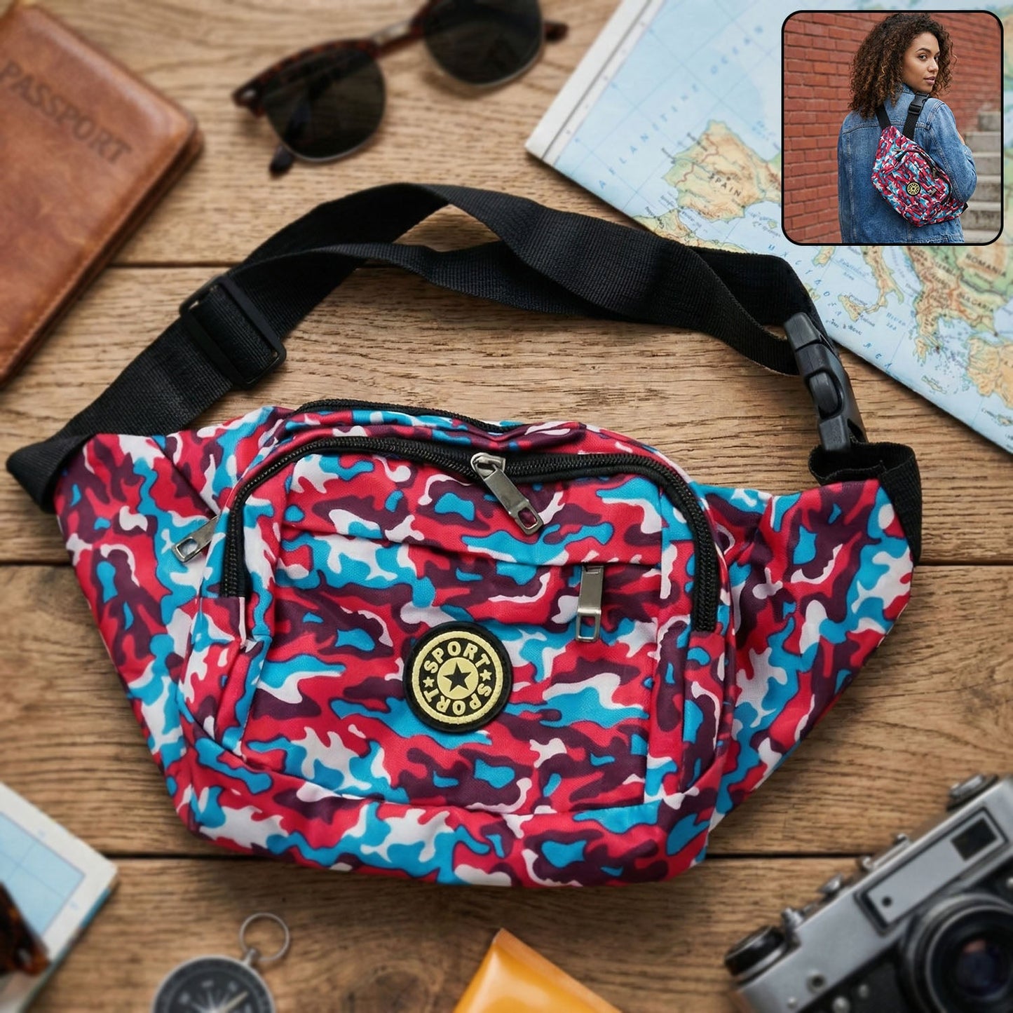 Stylish waist bag with adjustable strap in modern pattern